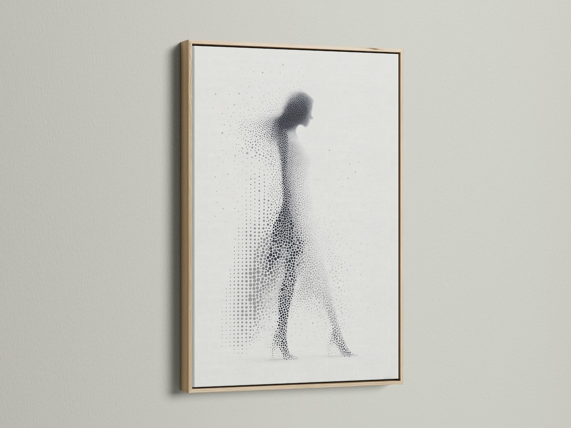 Grey-scale dotted silhouette of a standing human figure on a light background detail view
