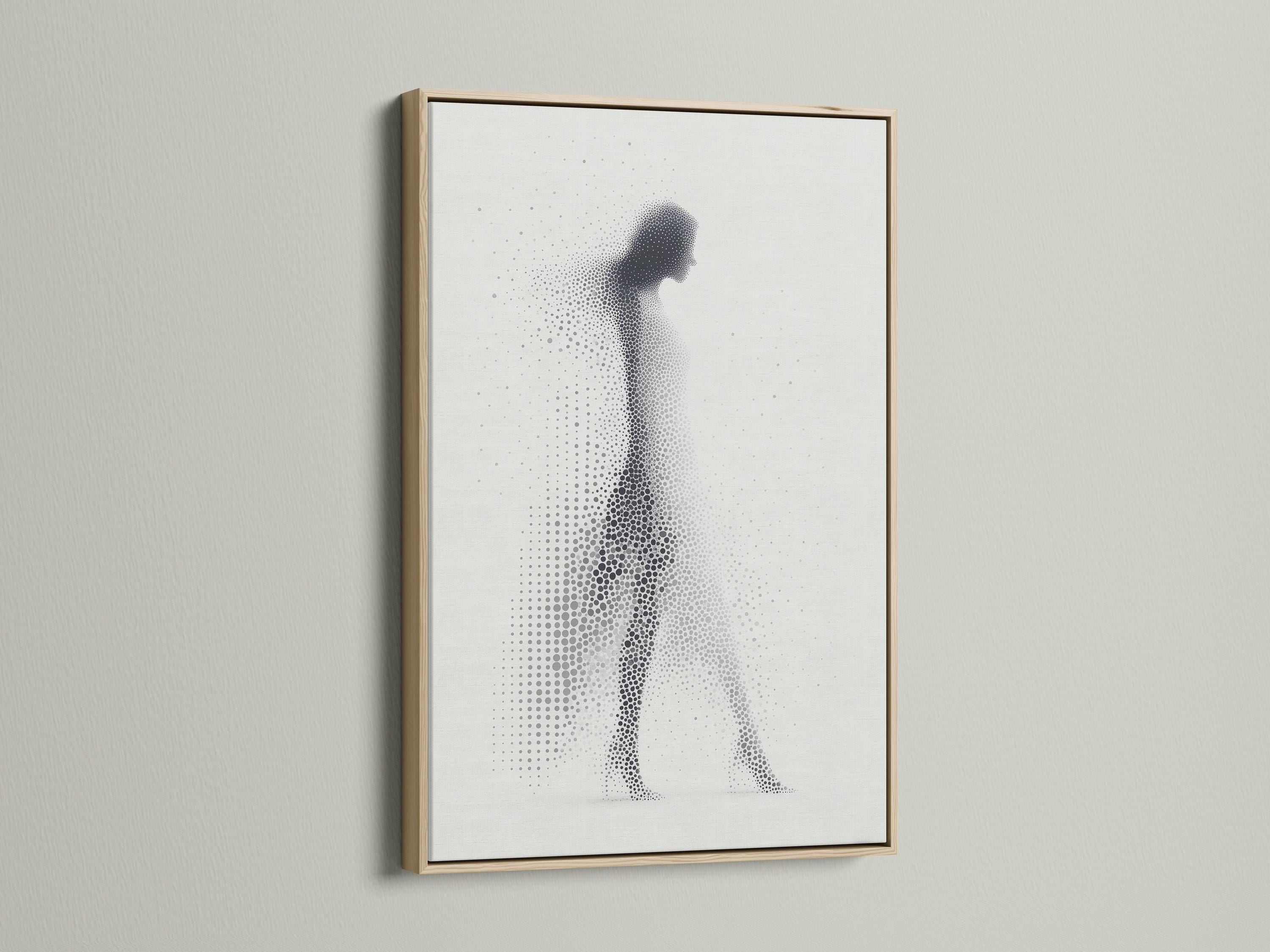 Grey-scale dotted silhouette of a standing human figure on a light background detail view