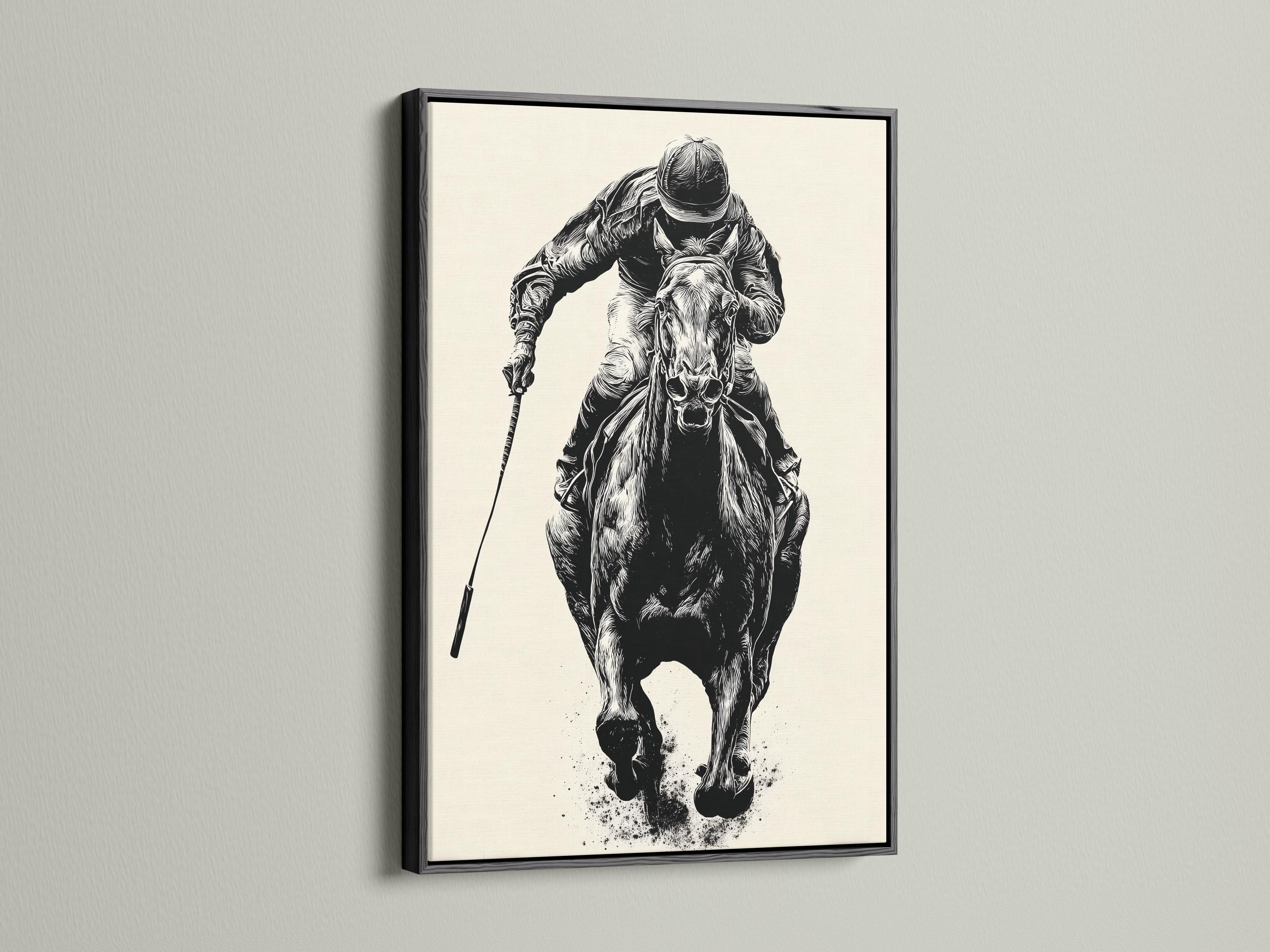 Mockup showing a framed black and white equestrian polo rider illustration