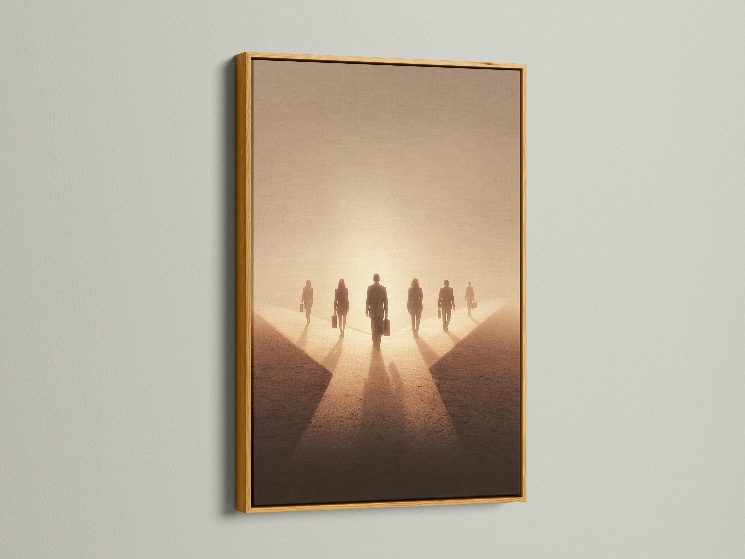 A sepia-toned scene shows a group of business silhouettes walking down a narrowing path with long shadows and a glowing haze detail view