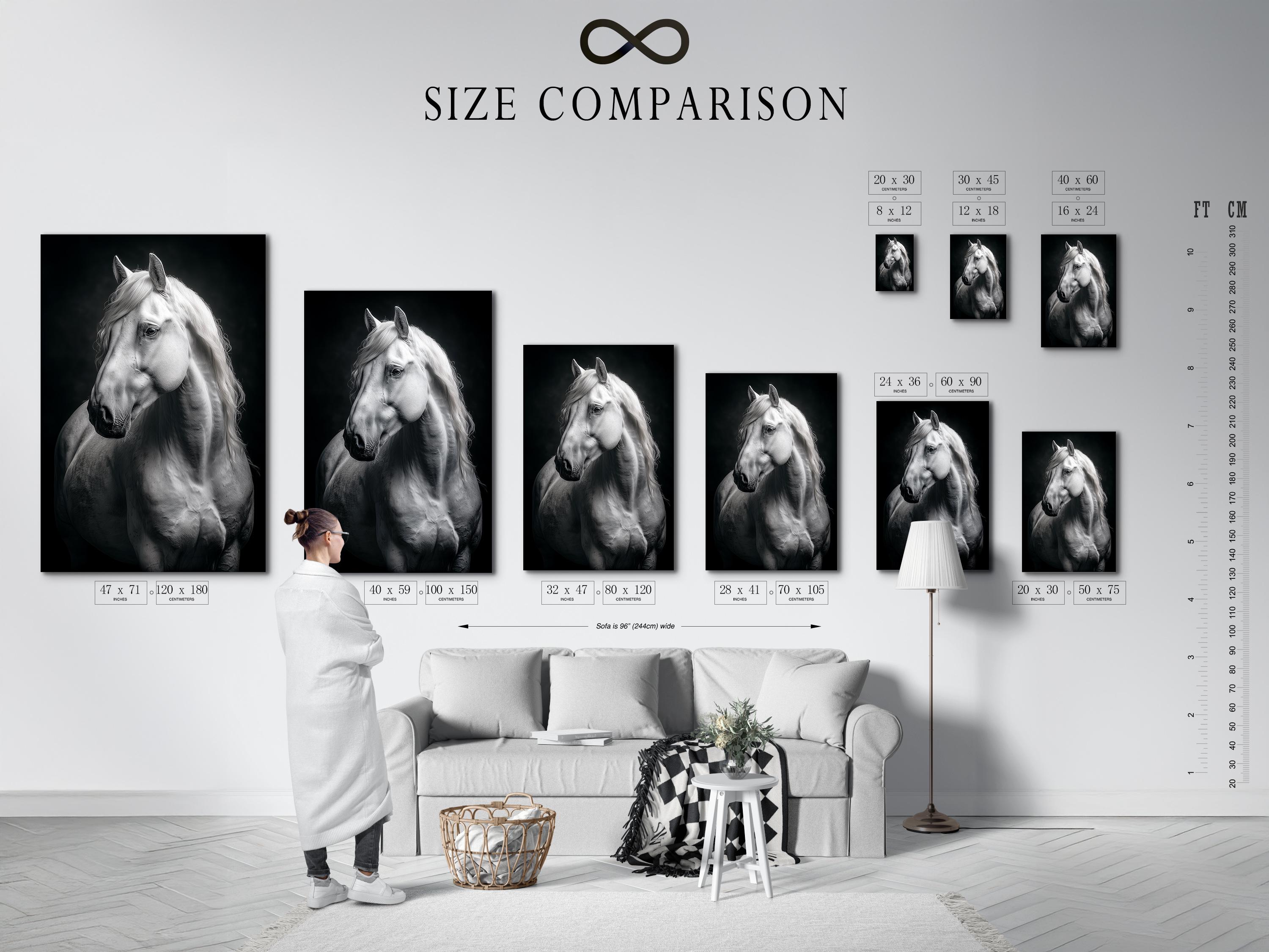 Room mockup showing a framed black and white horse portrait artwork