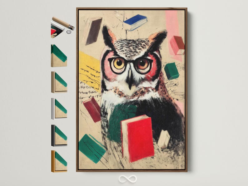Scholarly owl with round spectacles surrounded by colourful books in a vintage painterly style