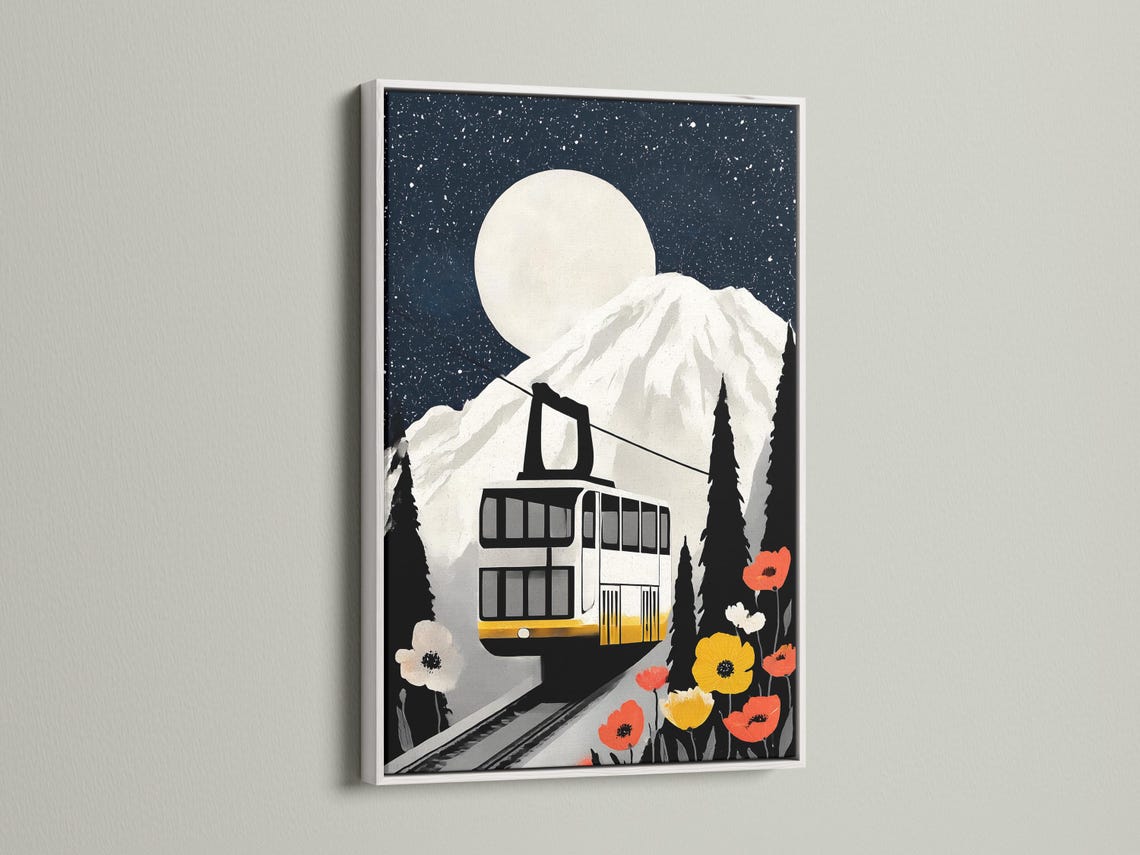 A stylised train cabin sits on mountain tracks beneath a large moon, with dark fir trees and bright red and yellow poppies detail view