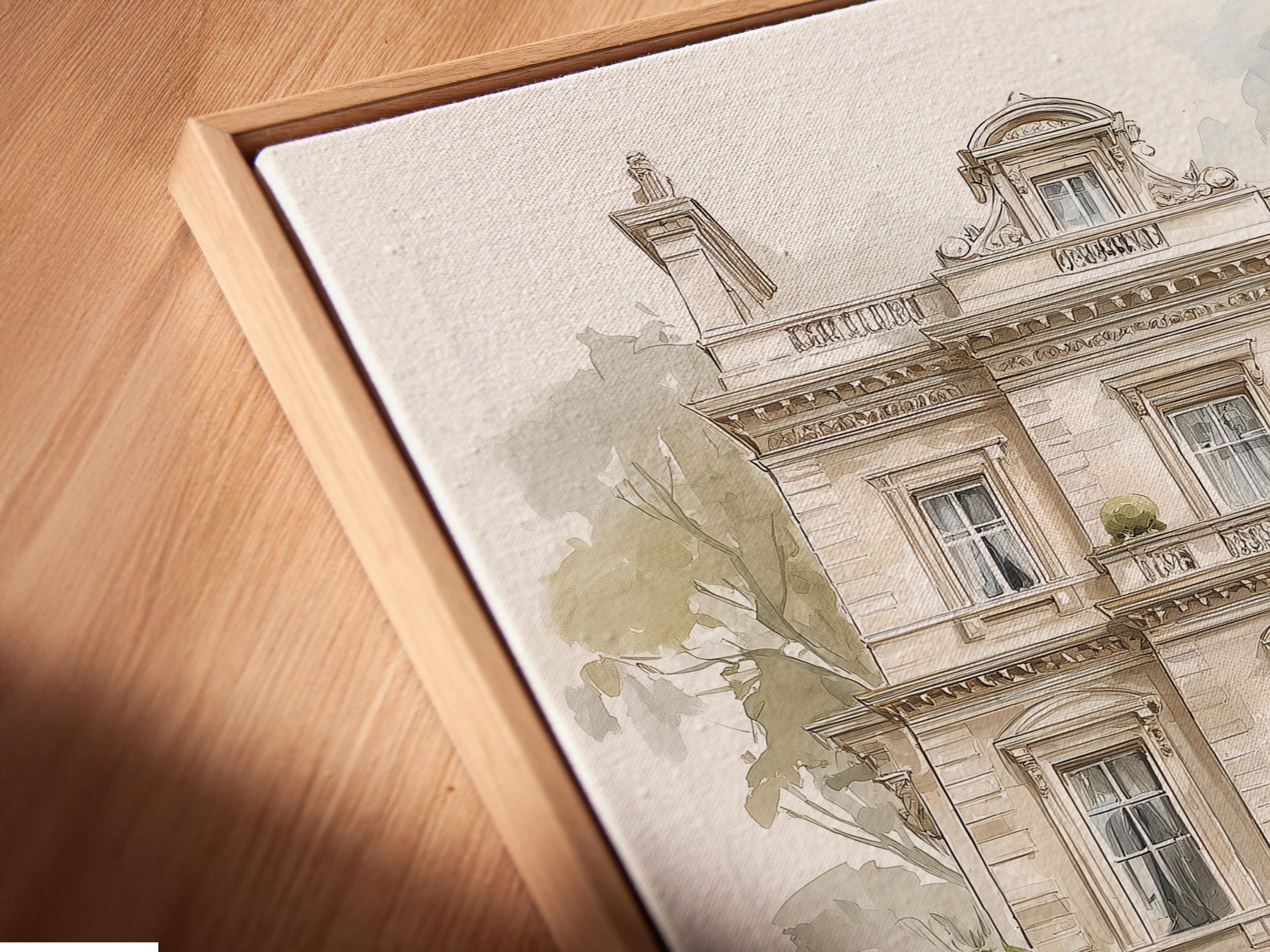 Room mockup showing a framed manor house artwork with trees and a blue vintage car