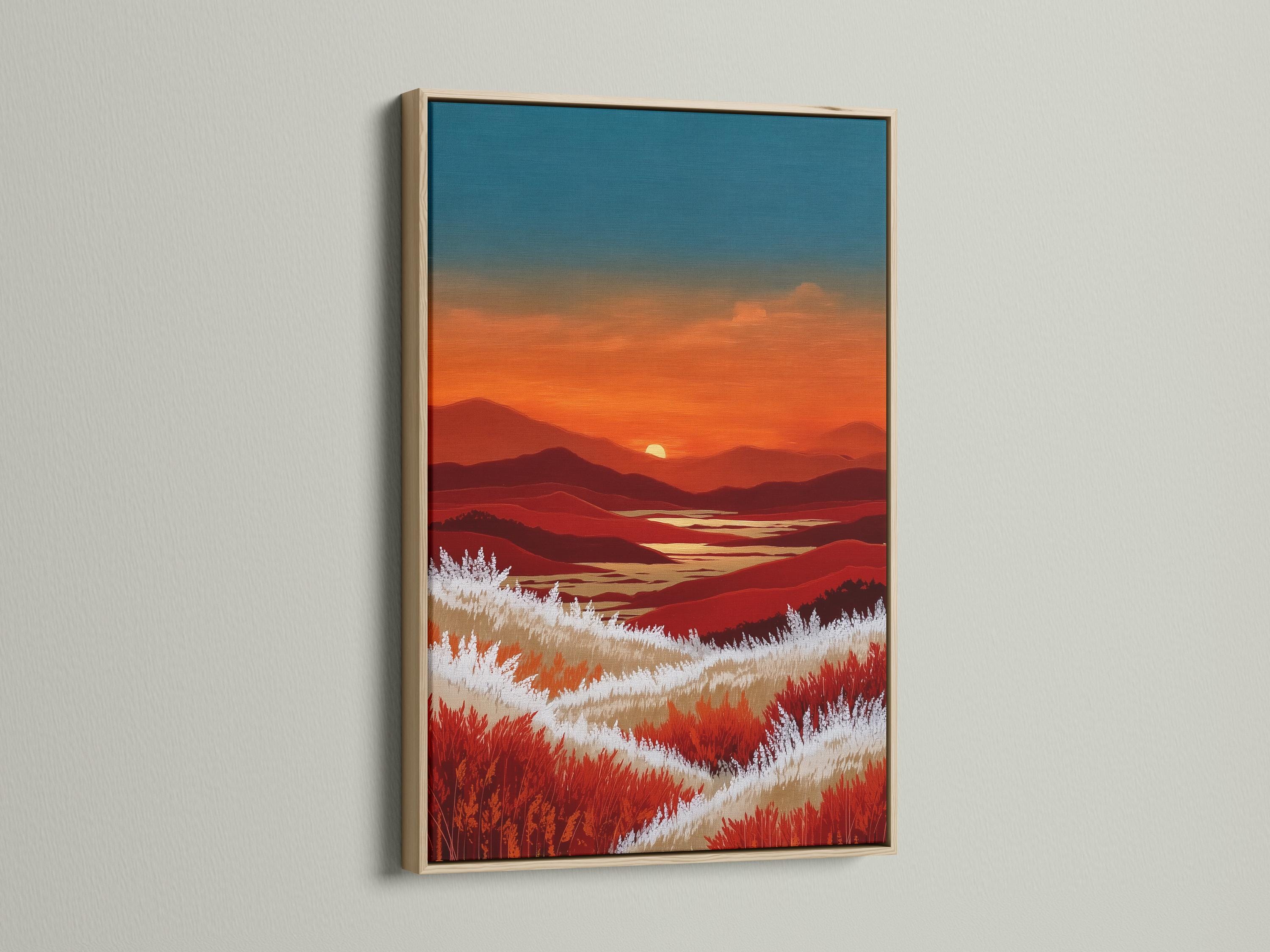 A stylised mountain sunset landscape shows layered ridgelines beneath a teal-blue sky and warm orange horizon, with bright white grass bands and red