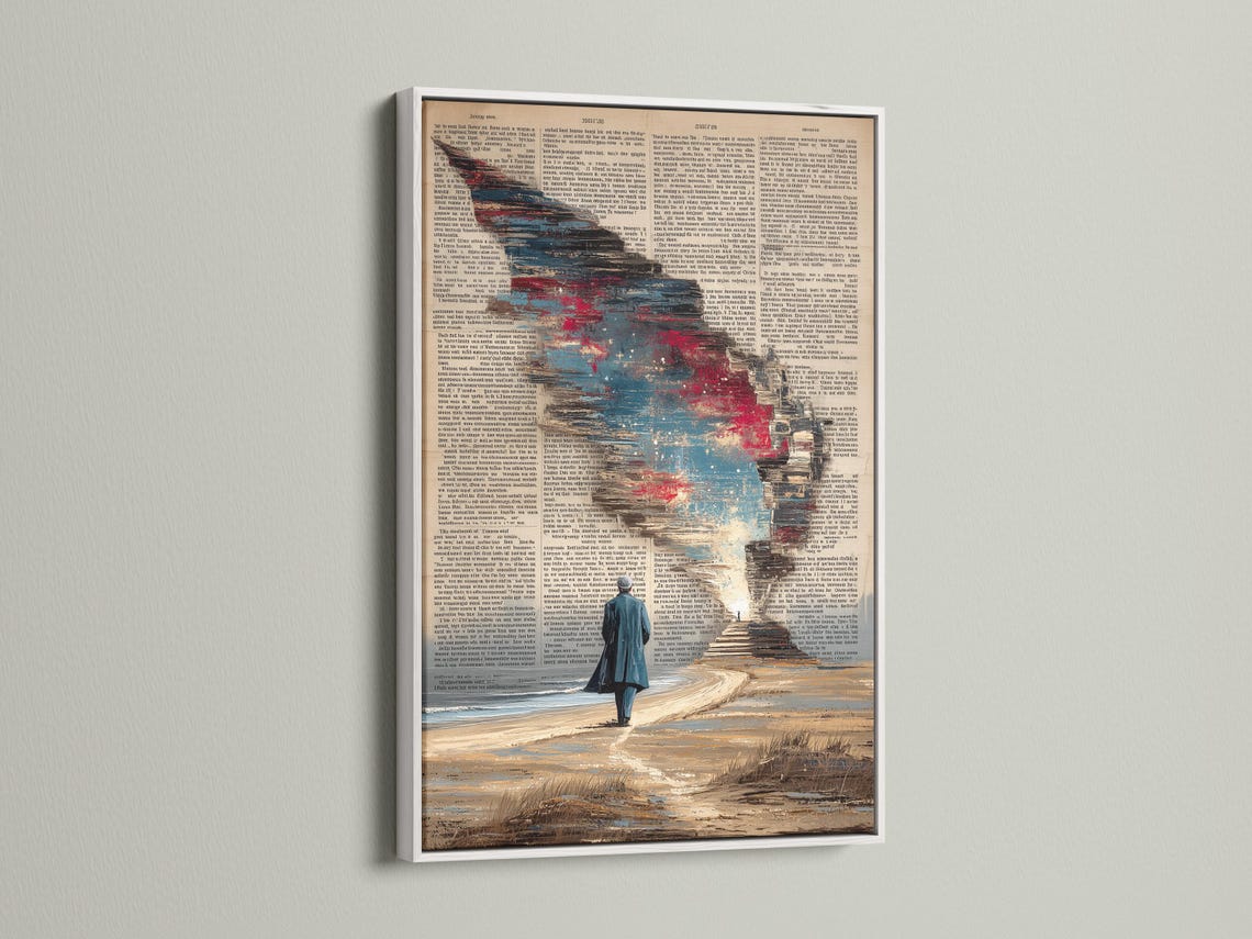 Dictionary-style beach wall art featuring a man walking toward light