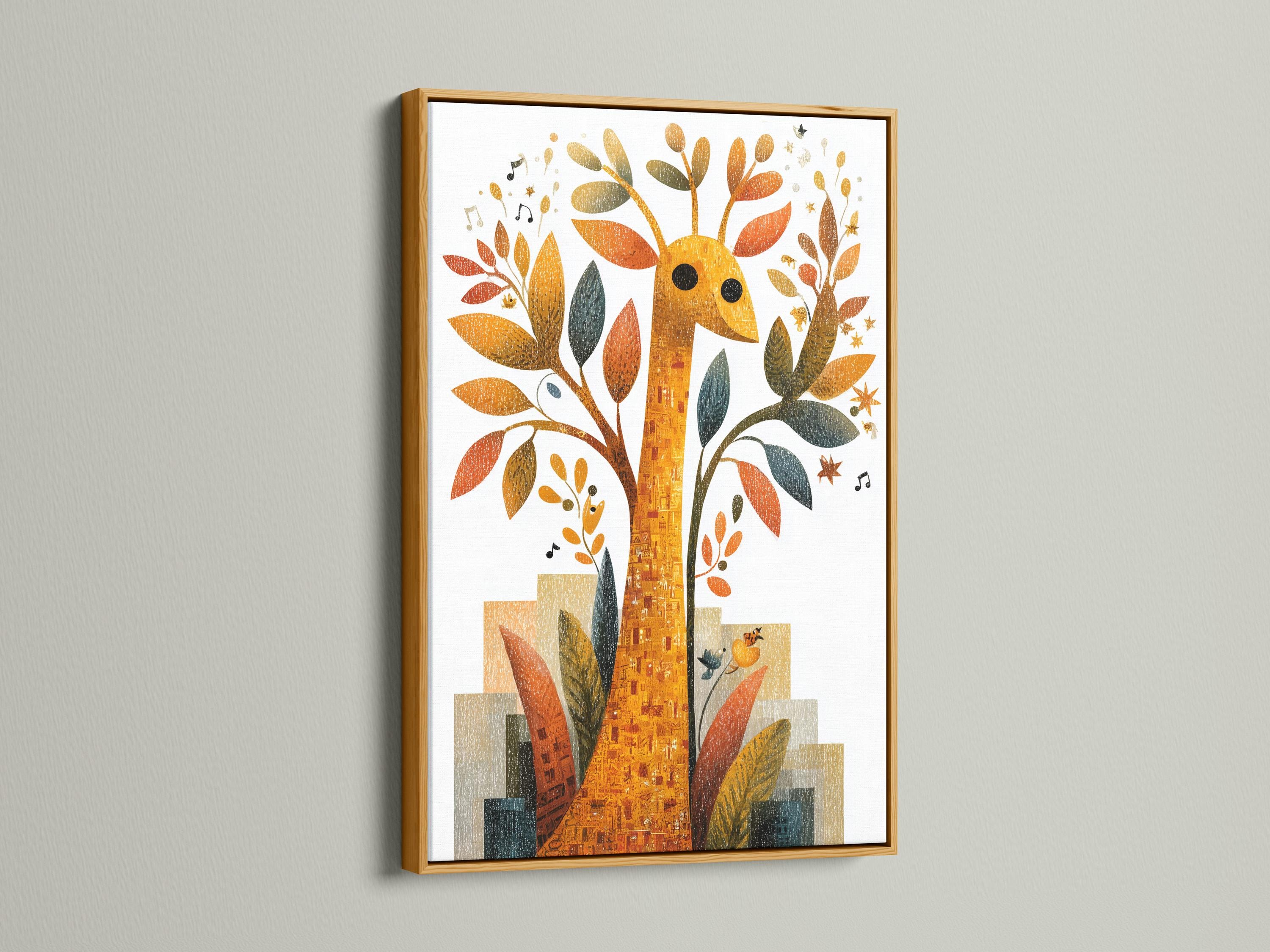 Framed giraffe and tree illustration with gold, orange and teal leaves plus music notes detail view