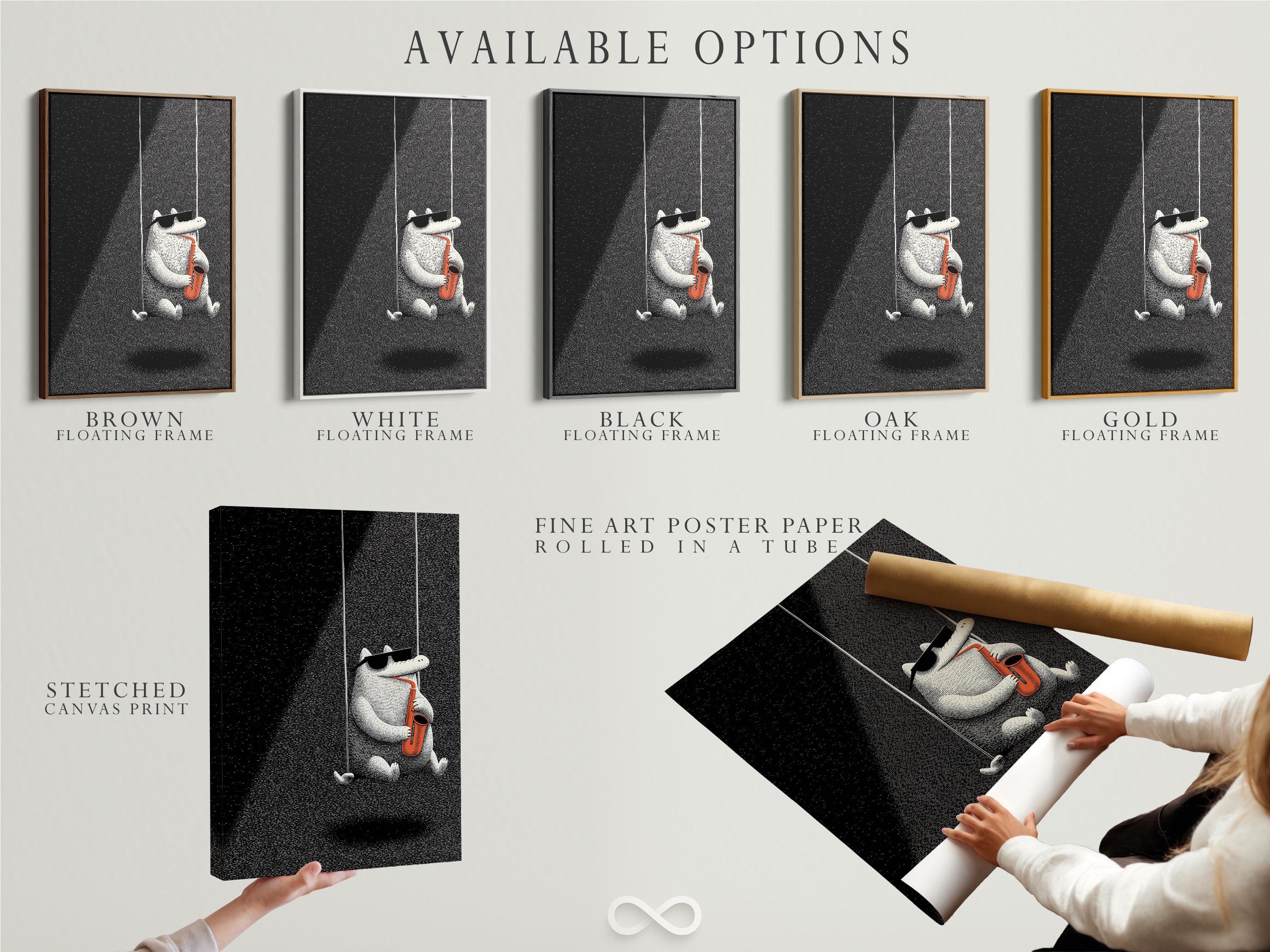 Black and white illustration of a cat holding and playing a saxophone with orange accents detail view