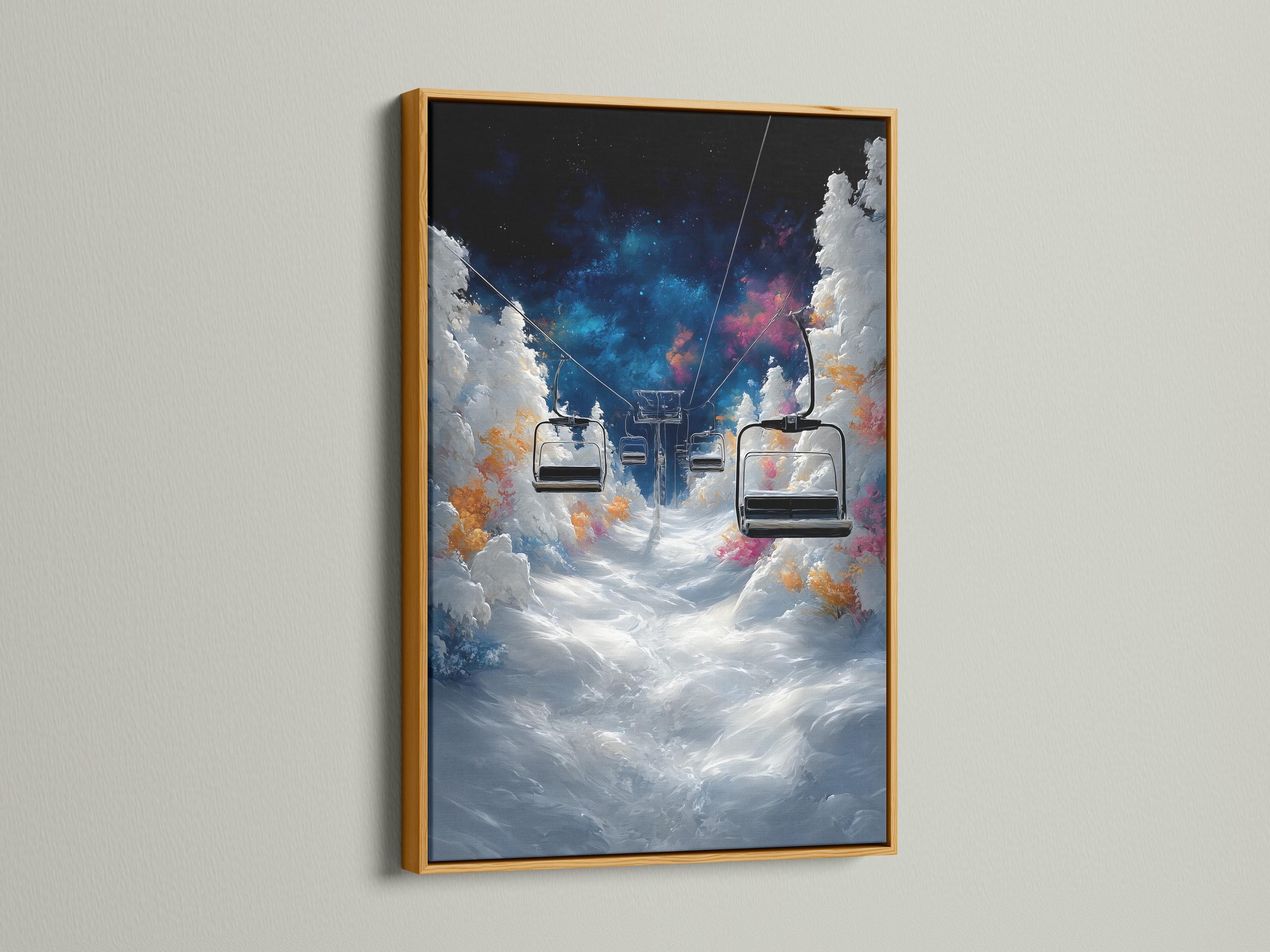 Framed ski lift scene with snowy mountains, chairlift cars and a glowing blue and pink night sky detail view