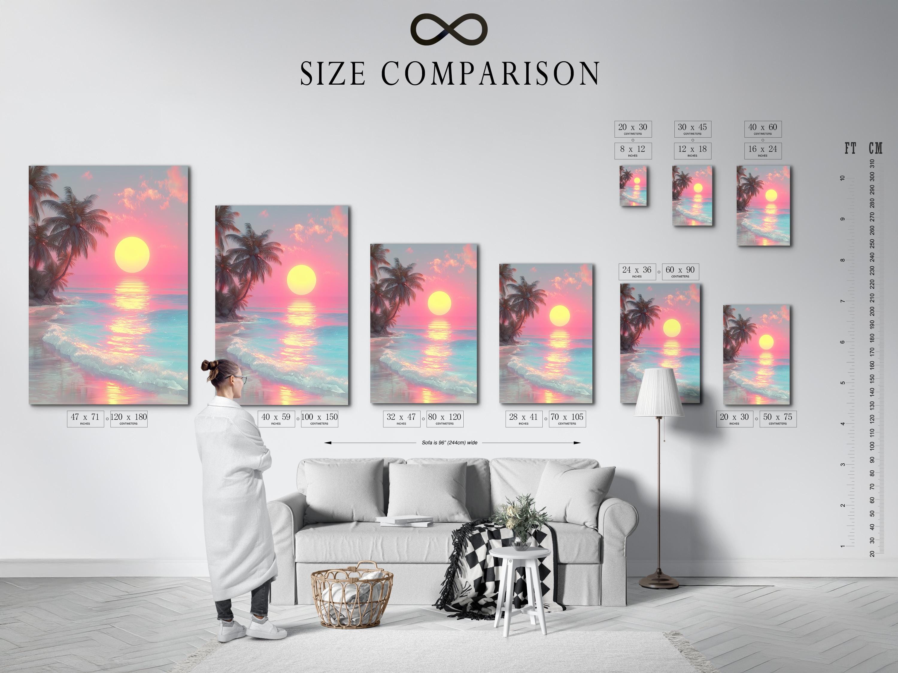 A framed tropical seascape shows a bright yellow sun over pink and turquoise water, with palm silhouettes and glowing reflections detail view