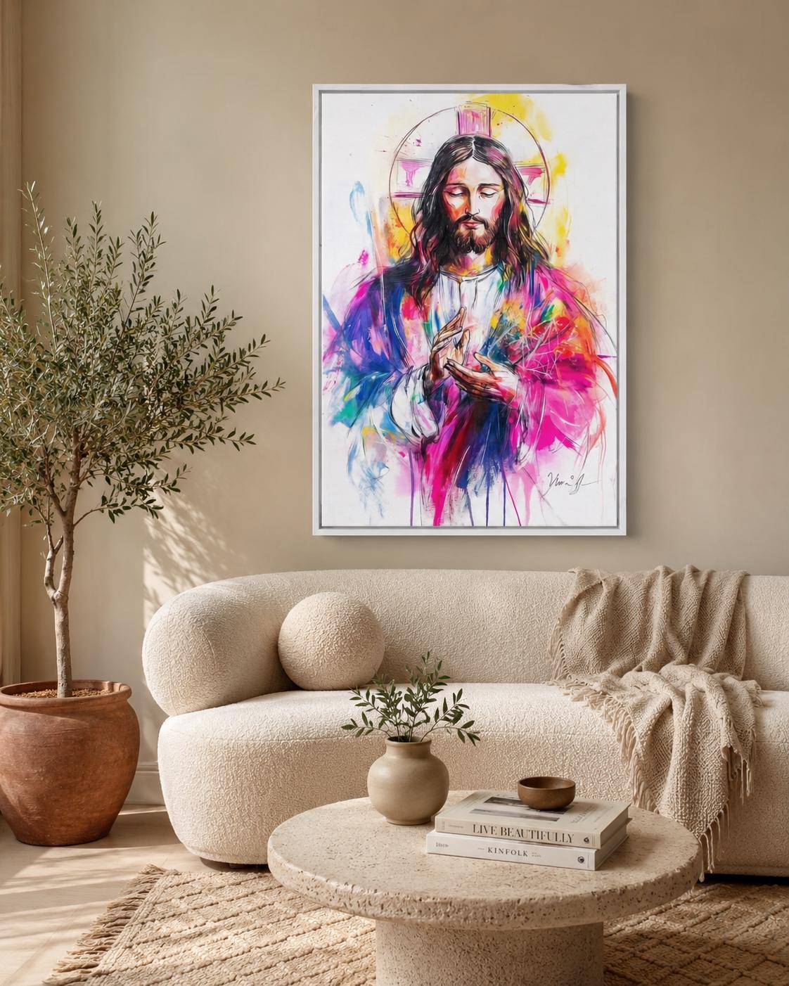 Religious portrait artwork of Jesus with halo displayed above a wooden table in a hallway
