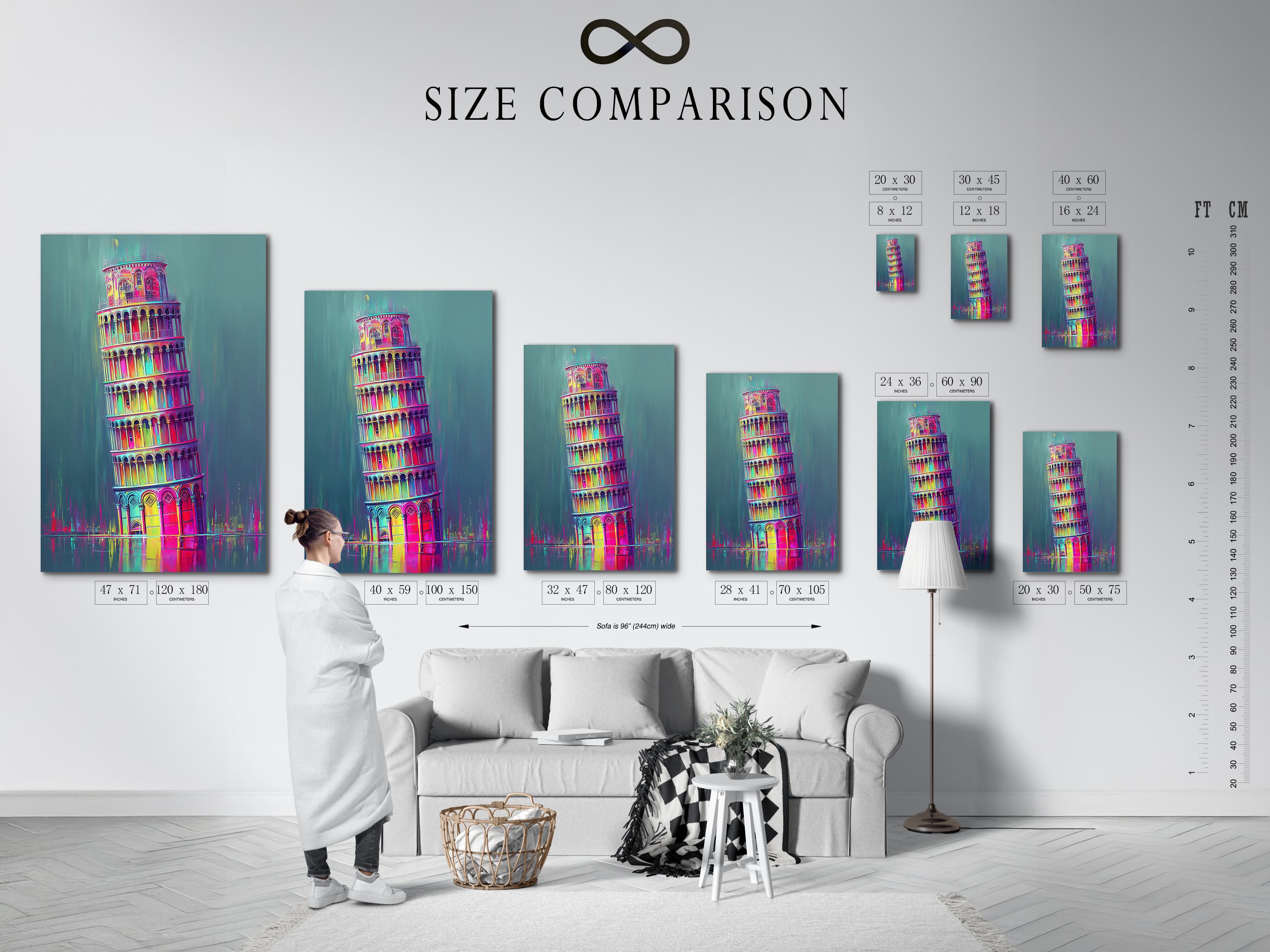 Mockup showing a framed neon rainbow Leaning Tower of Pisa illustration on a wall