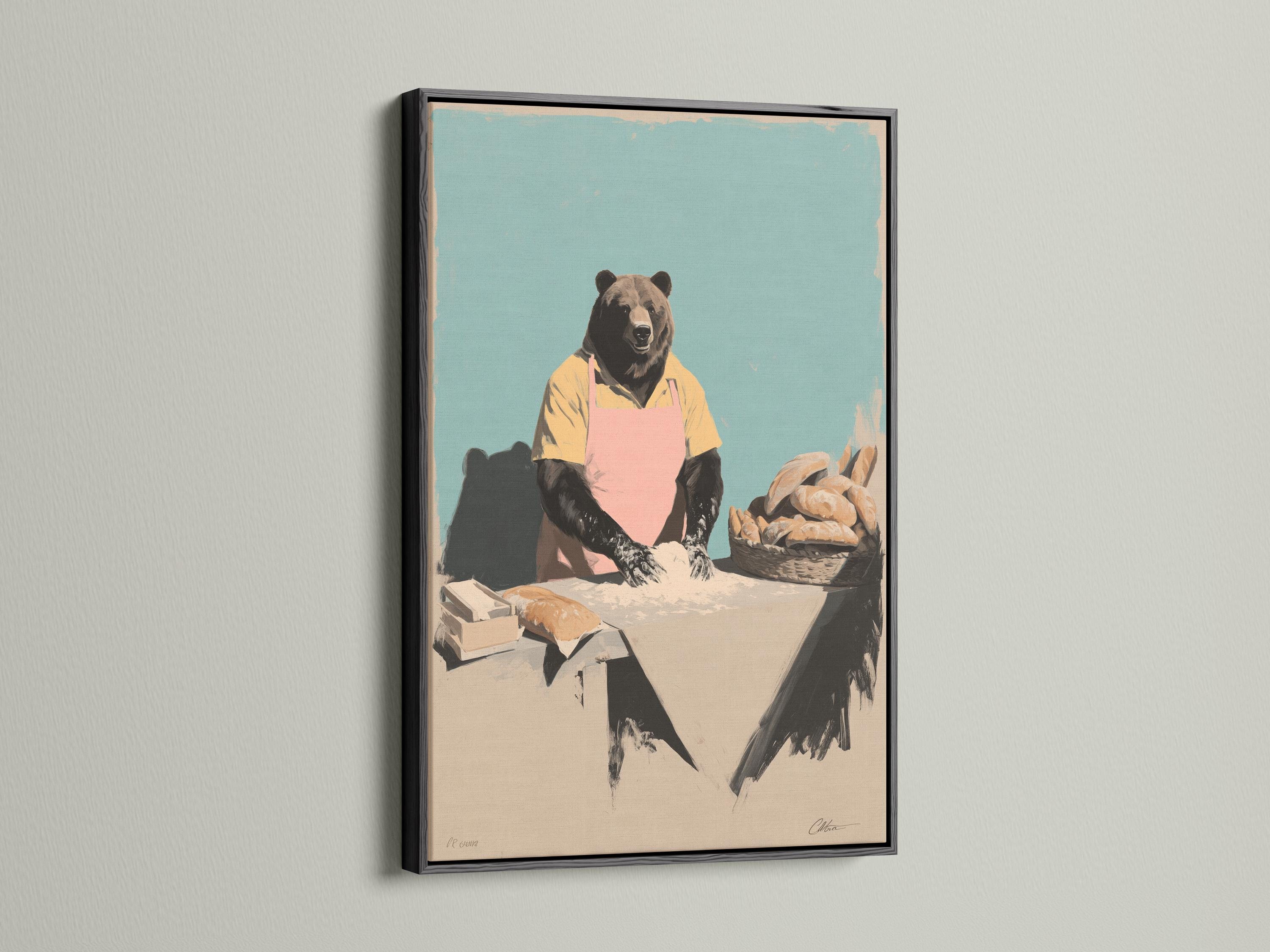 Bear chef illustration wearing a pink apron behind a counter with bread on a teal background detail view