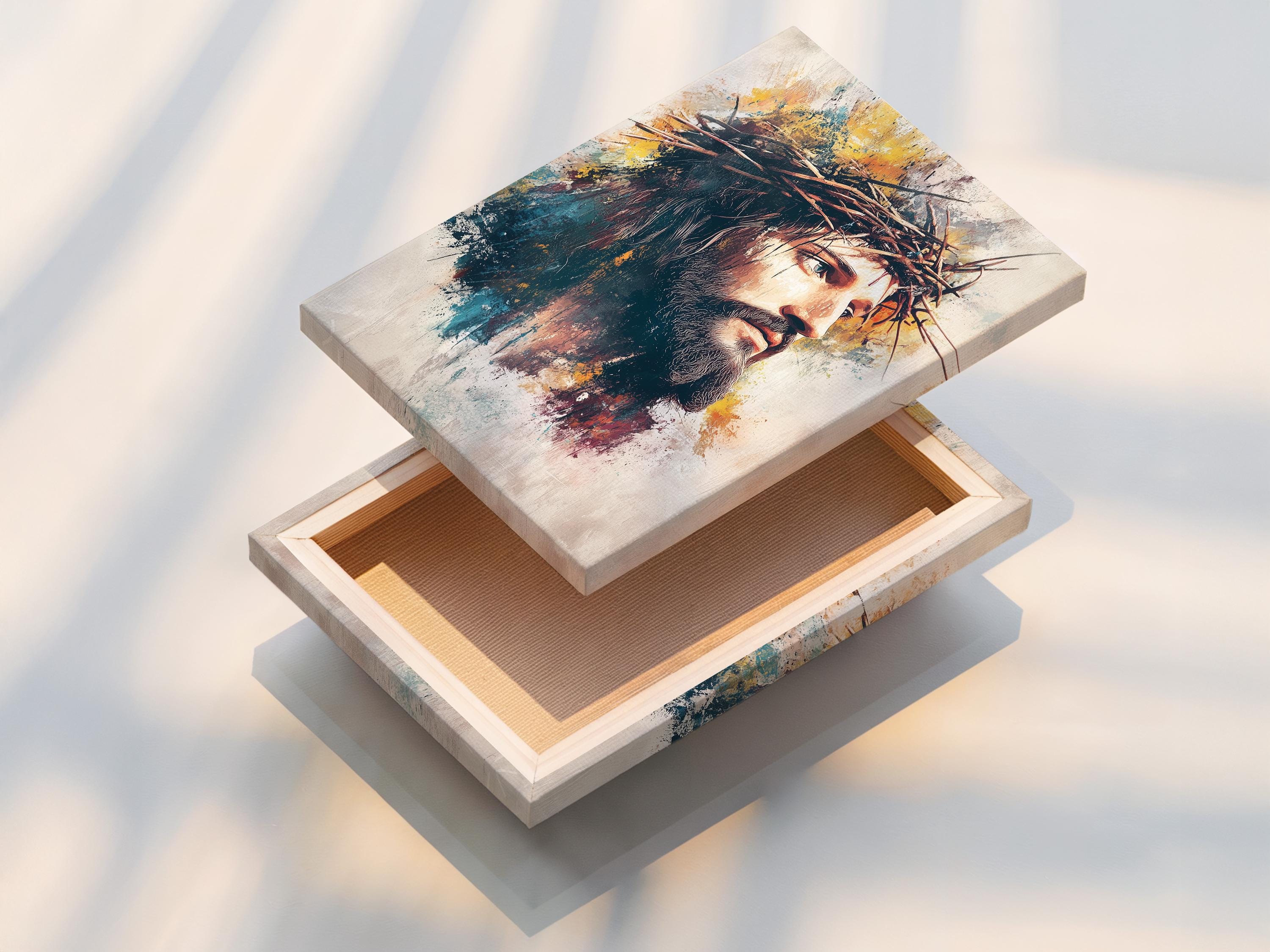 Side-profile Jesus portrait with textured teal, ochre and muted red over an ivory background detail view