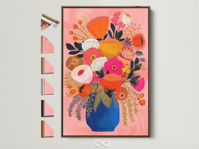 Floral bouquet artwork with pink, orange and cream flowers in a blue vase