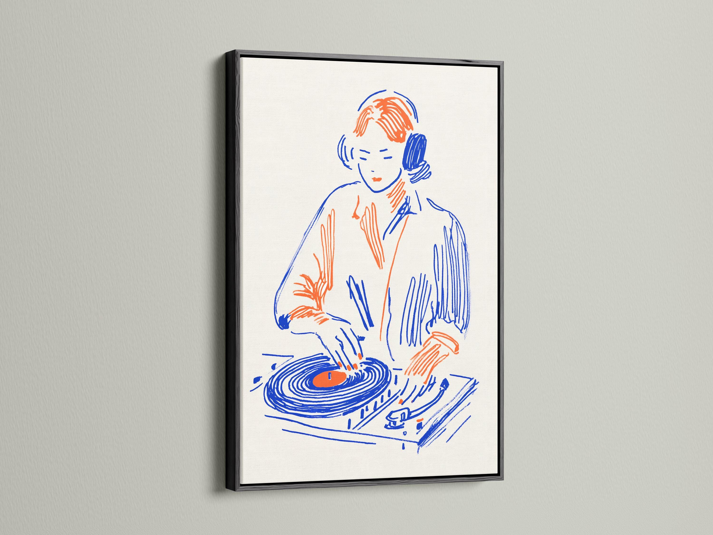 Stylised DJ portrait wearing headphones with a blue and orange turntable illustration detail view