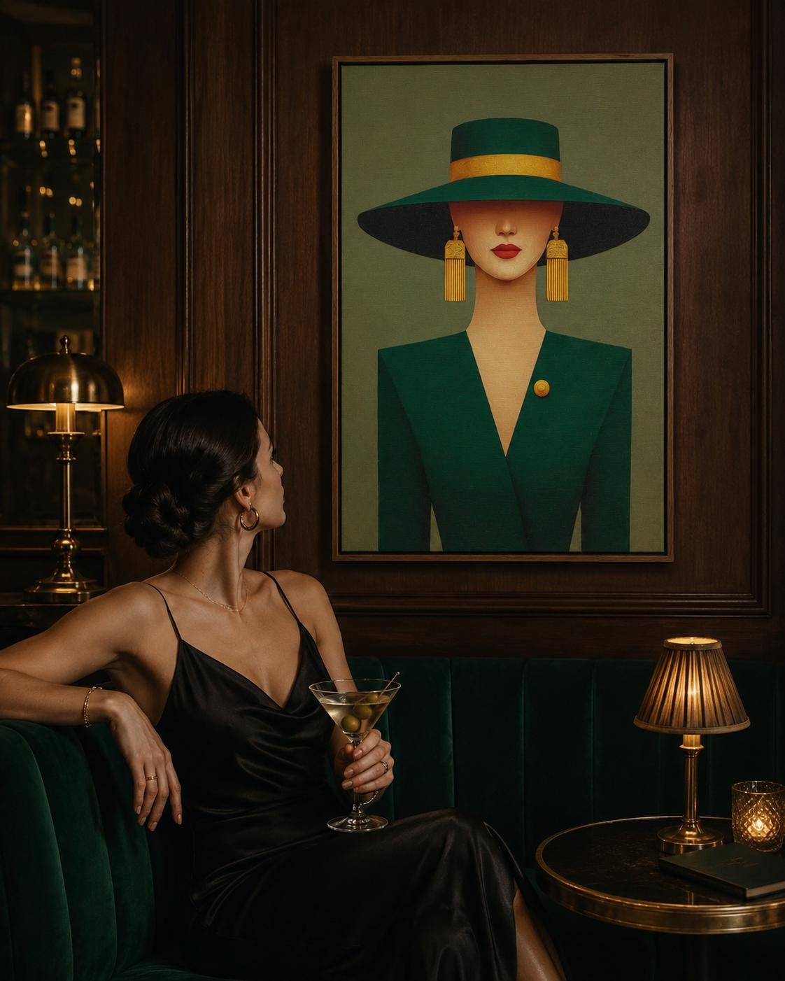A stylised portrait of an elegant woman in a wide-brim hat, shown against a muted green background with gold accents and Art Deco-inspired shapes
