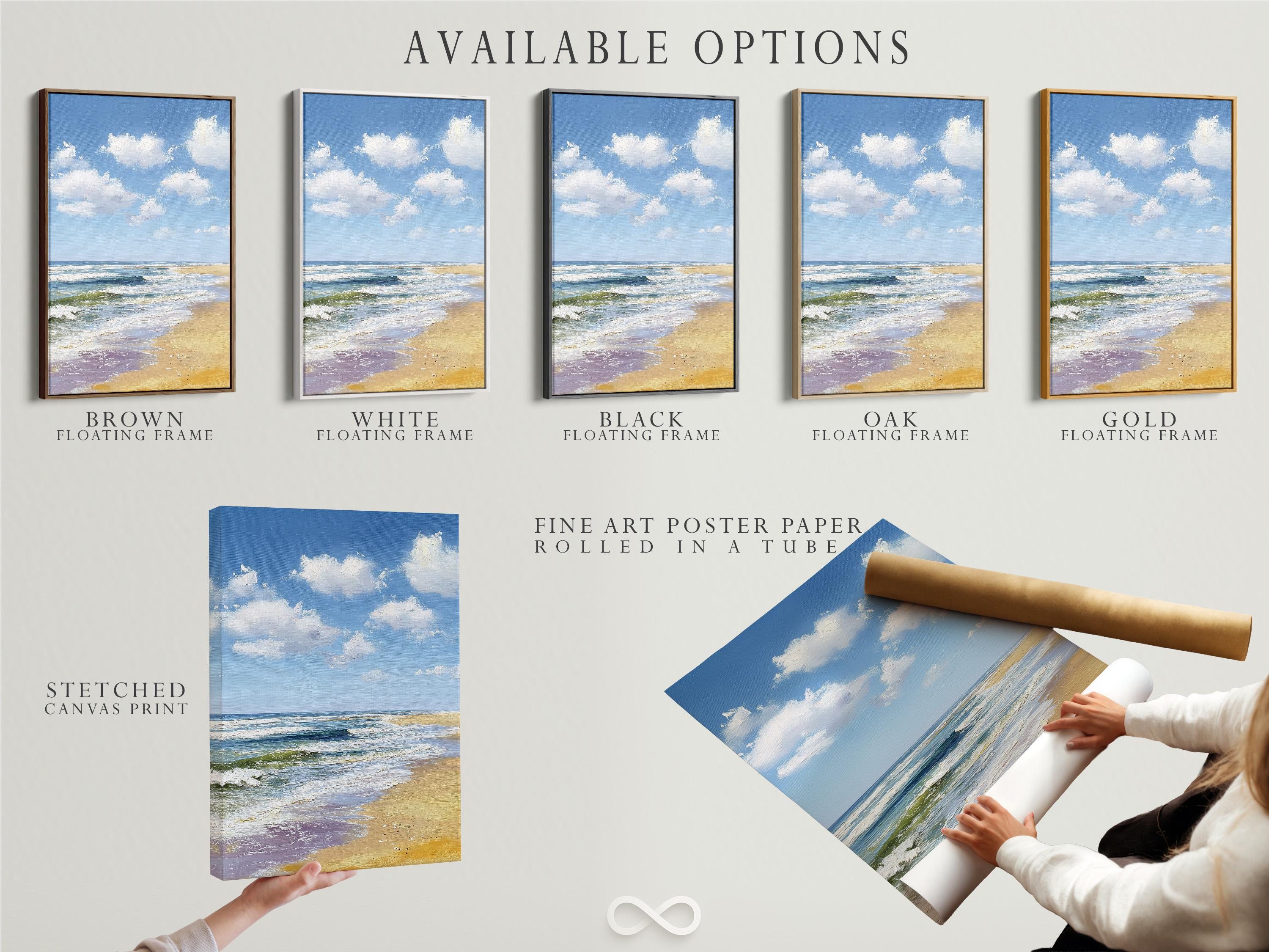 Blue ocean seascape with fluffy white clouds and foamy waves over sandy shore detail view