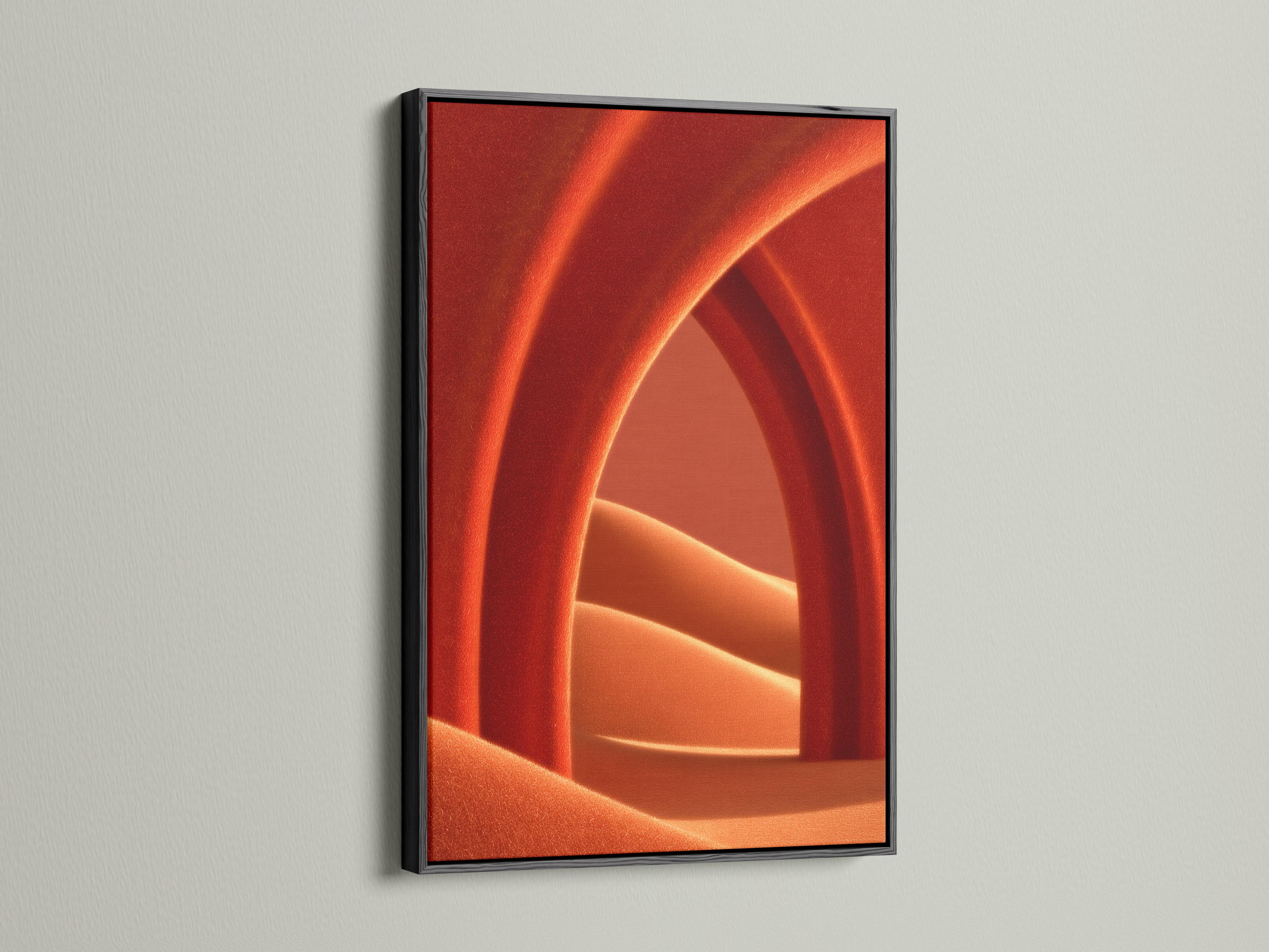 Warm burnt orange abstract arch with copper glow and deep red geometric shadows detail view
