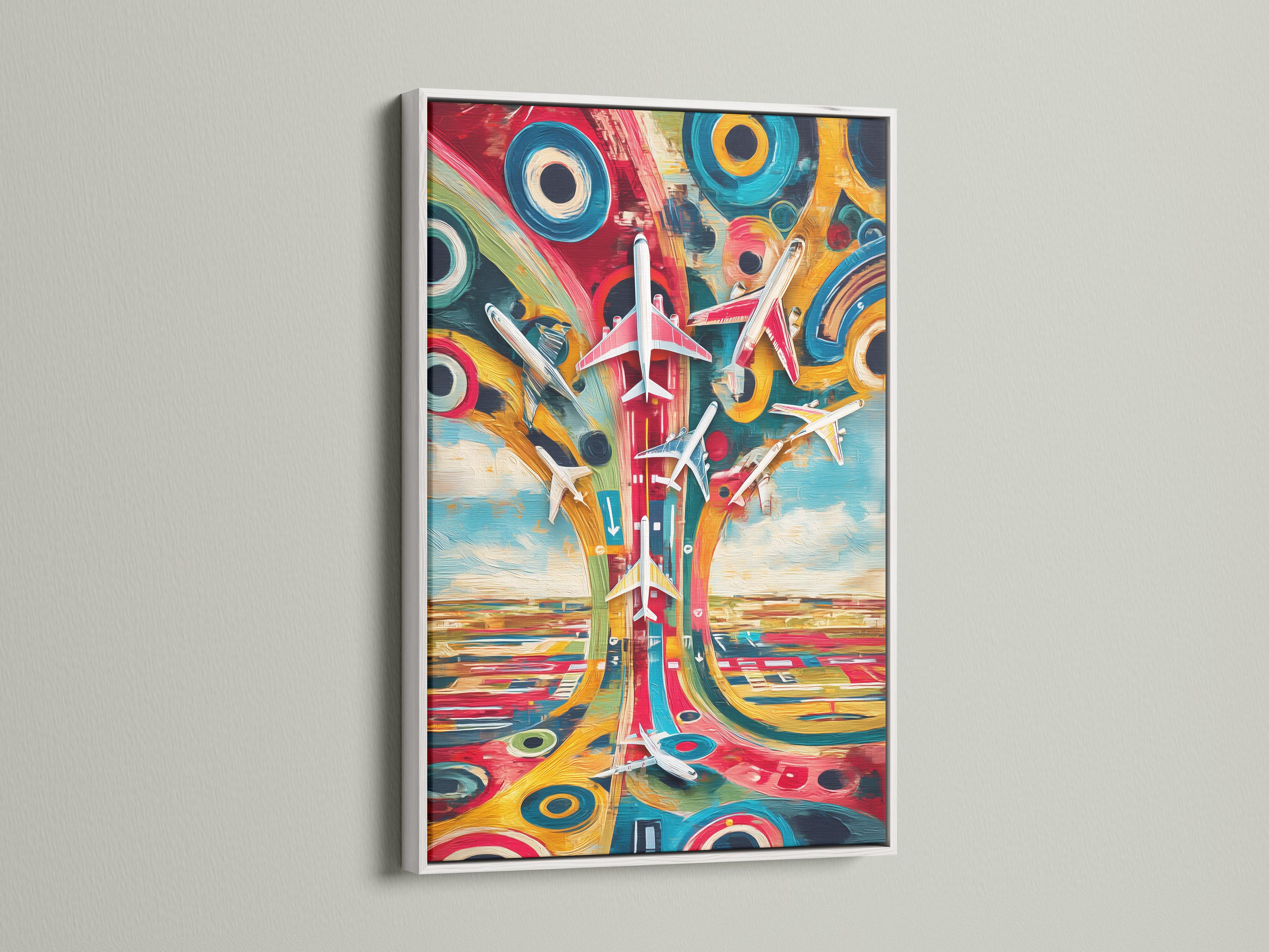 Colourful retro aviation artwork with white airplanes over a teal and pink city background detail view