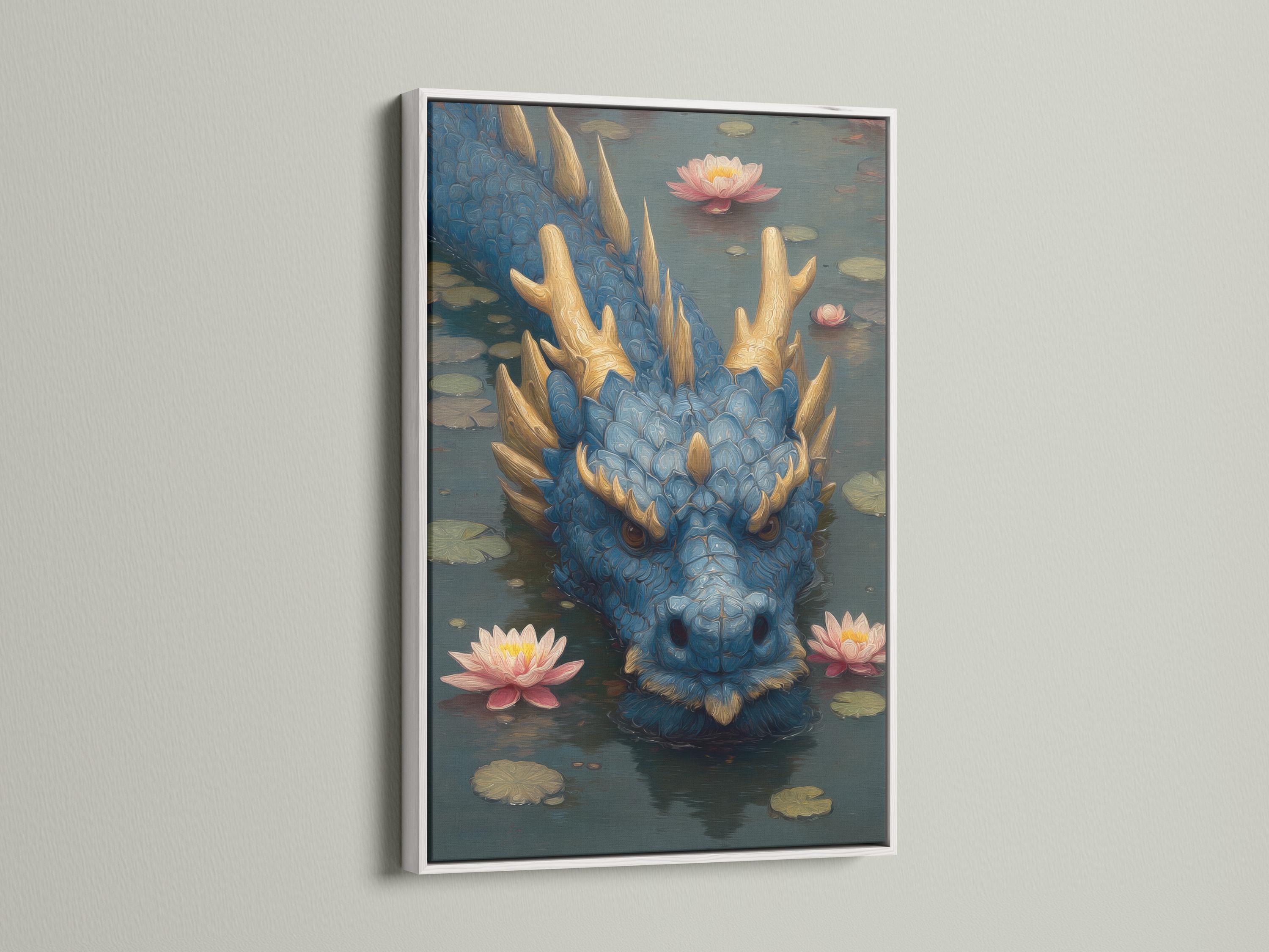 Blue dragon head emerging from dark water with pink lotus flowers and gold horns detail view