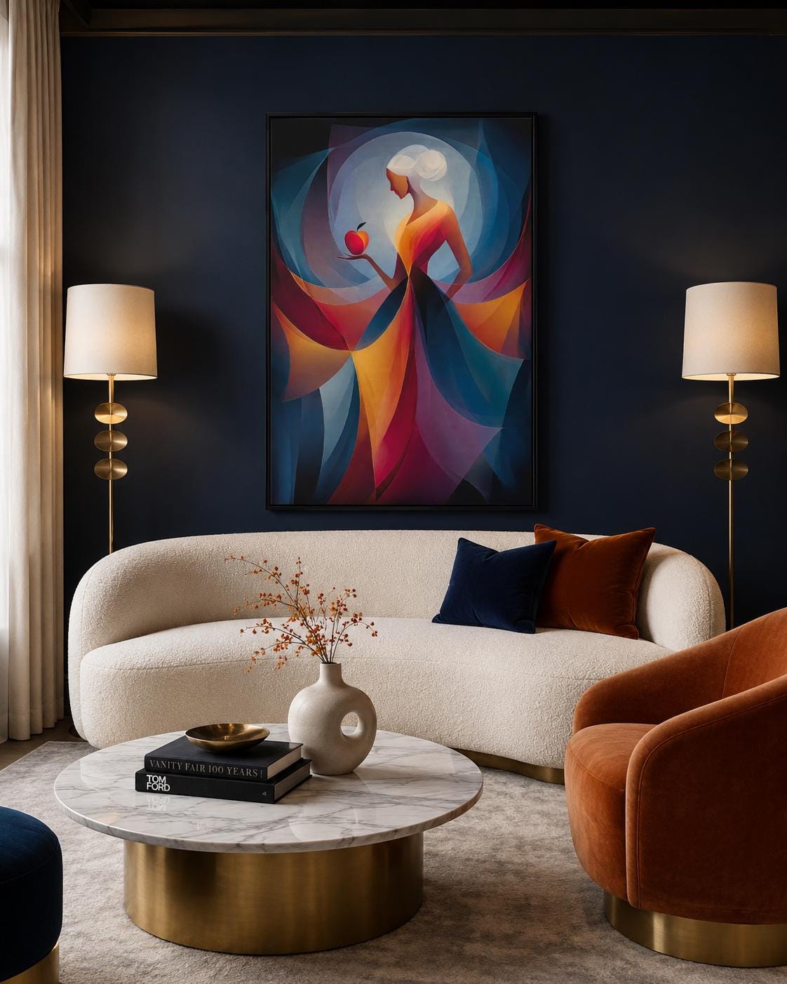 Abstract woman holding a red apple with layered blue, teal and purple curved shapes detail view
