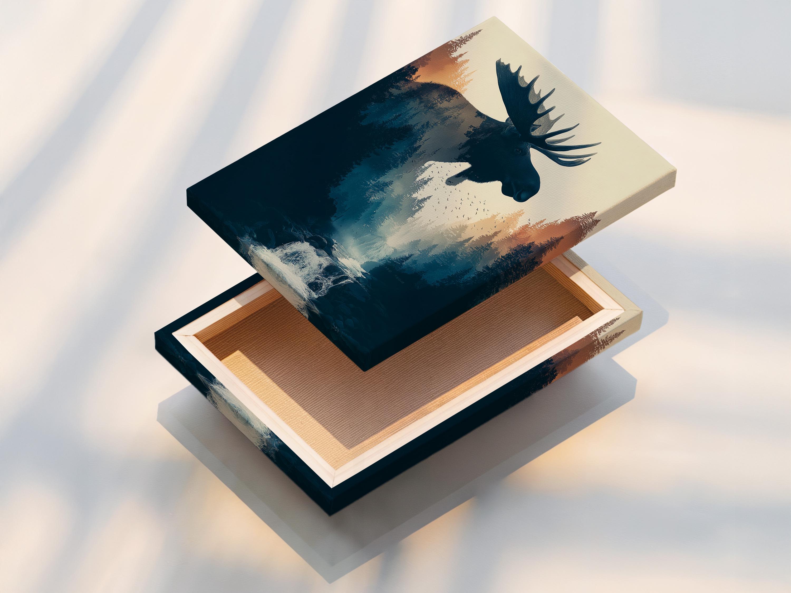 Moose silhouette in a misty pine forest with birds and a stream waterfall detail view