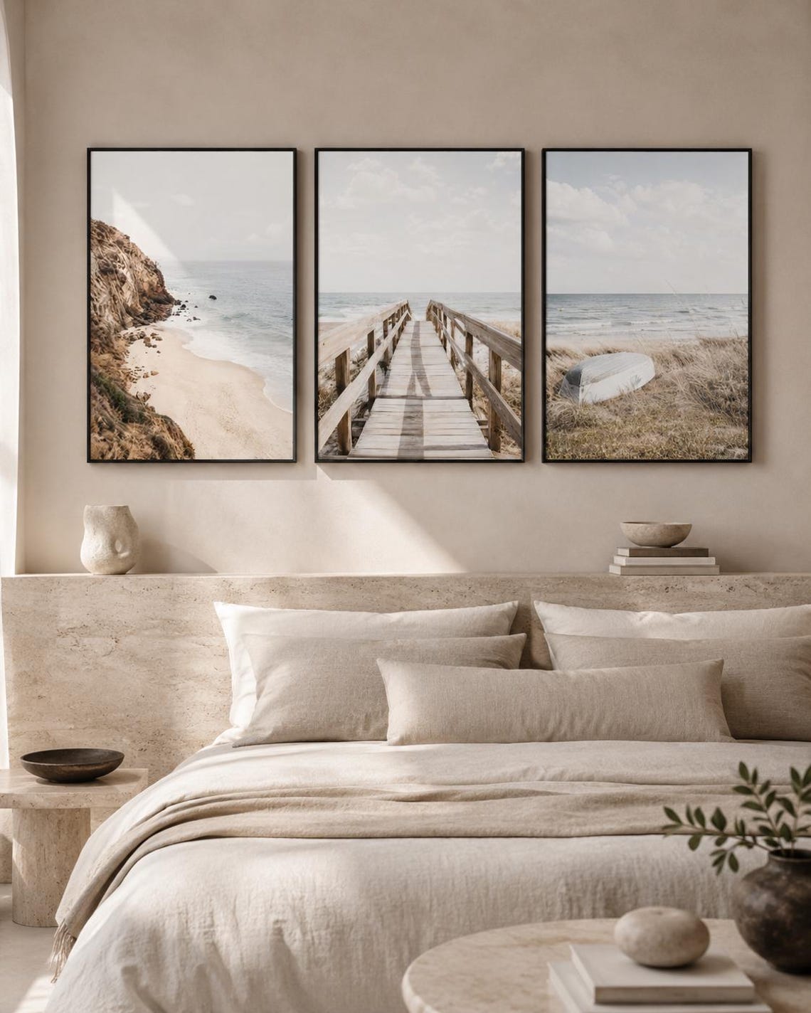 Three-panel neutral beach artwork showing rocky shore, boardwalk, and dunes with grasses detail view