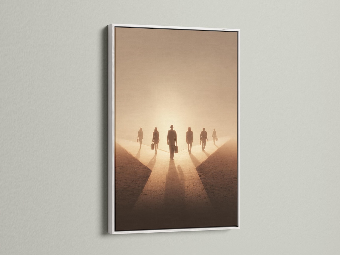 A sepia-toned scene shows a group of business silhouettes walking down a narrowing path with long shadows and a glowing haze detail view