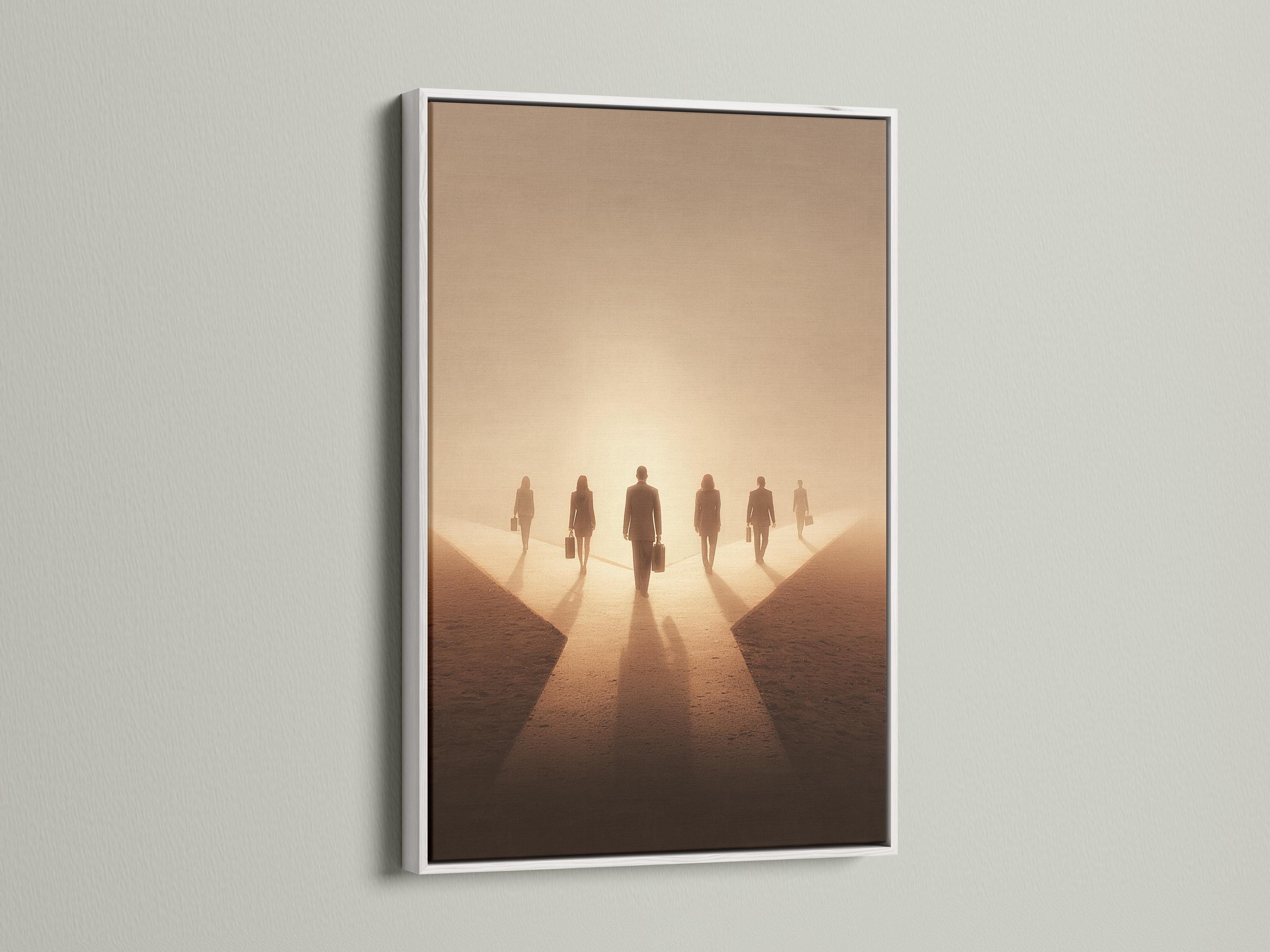A sepia-toned scene shows a group of business silhouettes walking down a narrowing path with long shadows and a glowing haze detail view