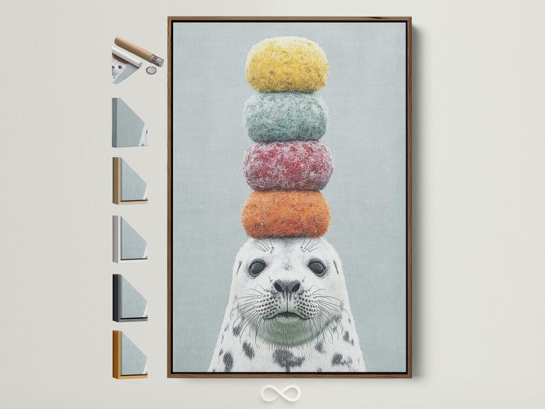 Illustrated seal balancing stacked pastel pom-pom balls