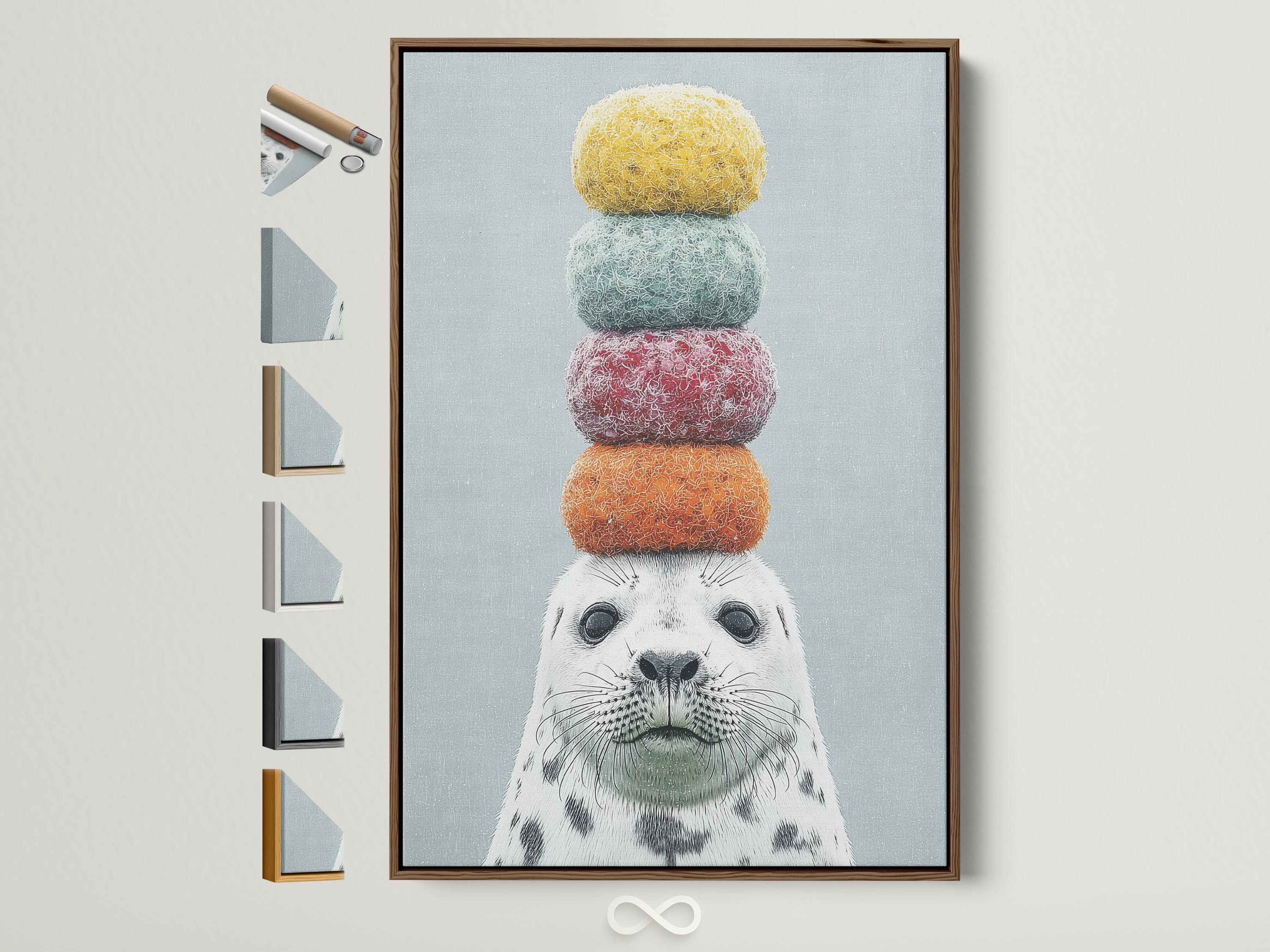 Illustrated seal balancing stacked pastel pom-pom balls