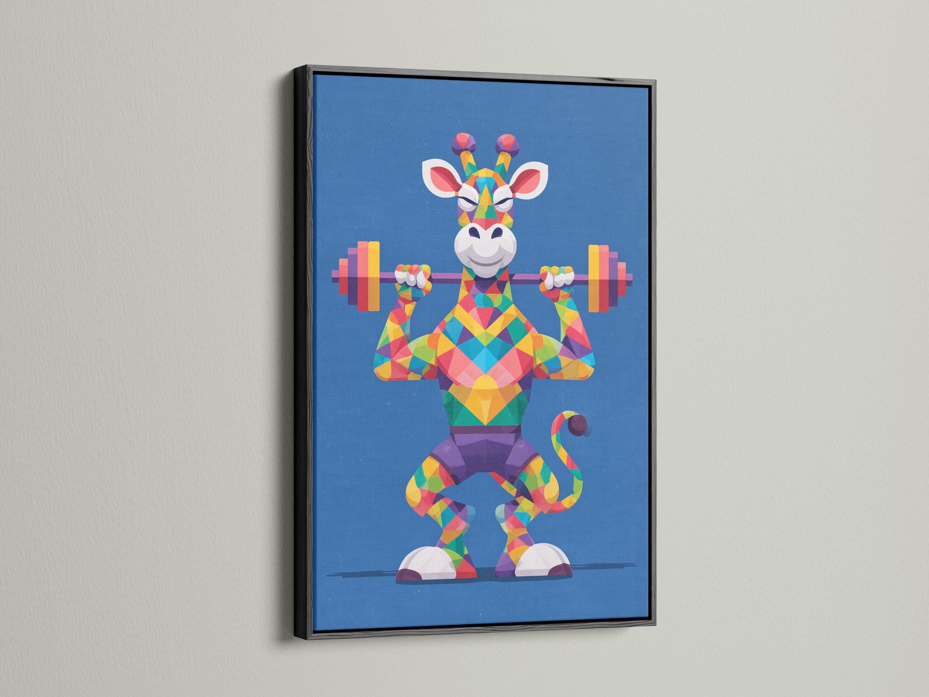 Geometric giraffe lifting dumbbells in bright multicolour polygons on a blue background detail view