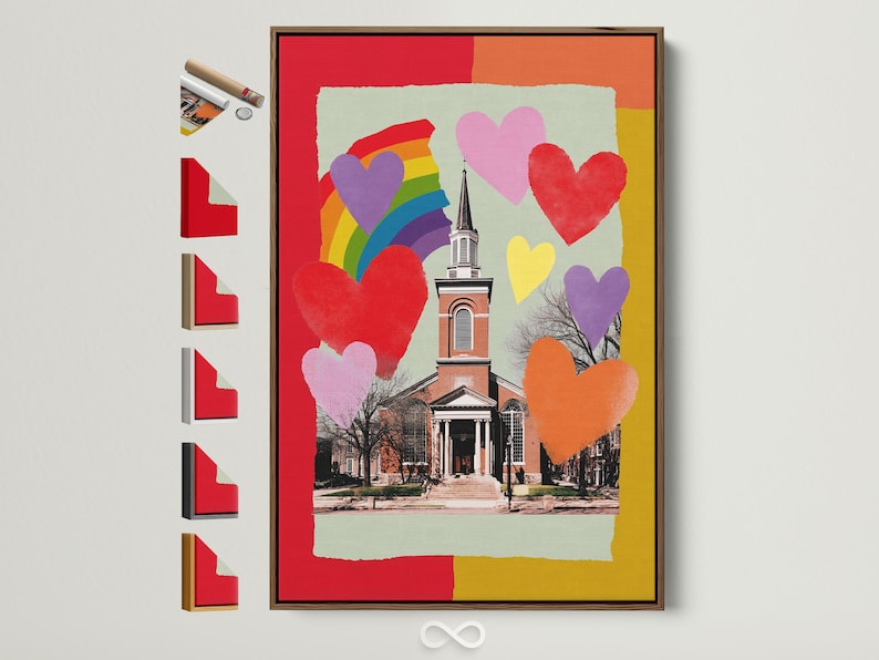 Rainbow hearts church artwork with a rainbow arch and colourful heart shapes
