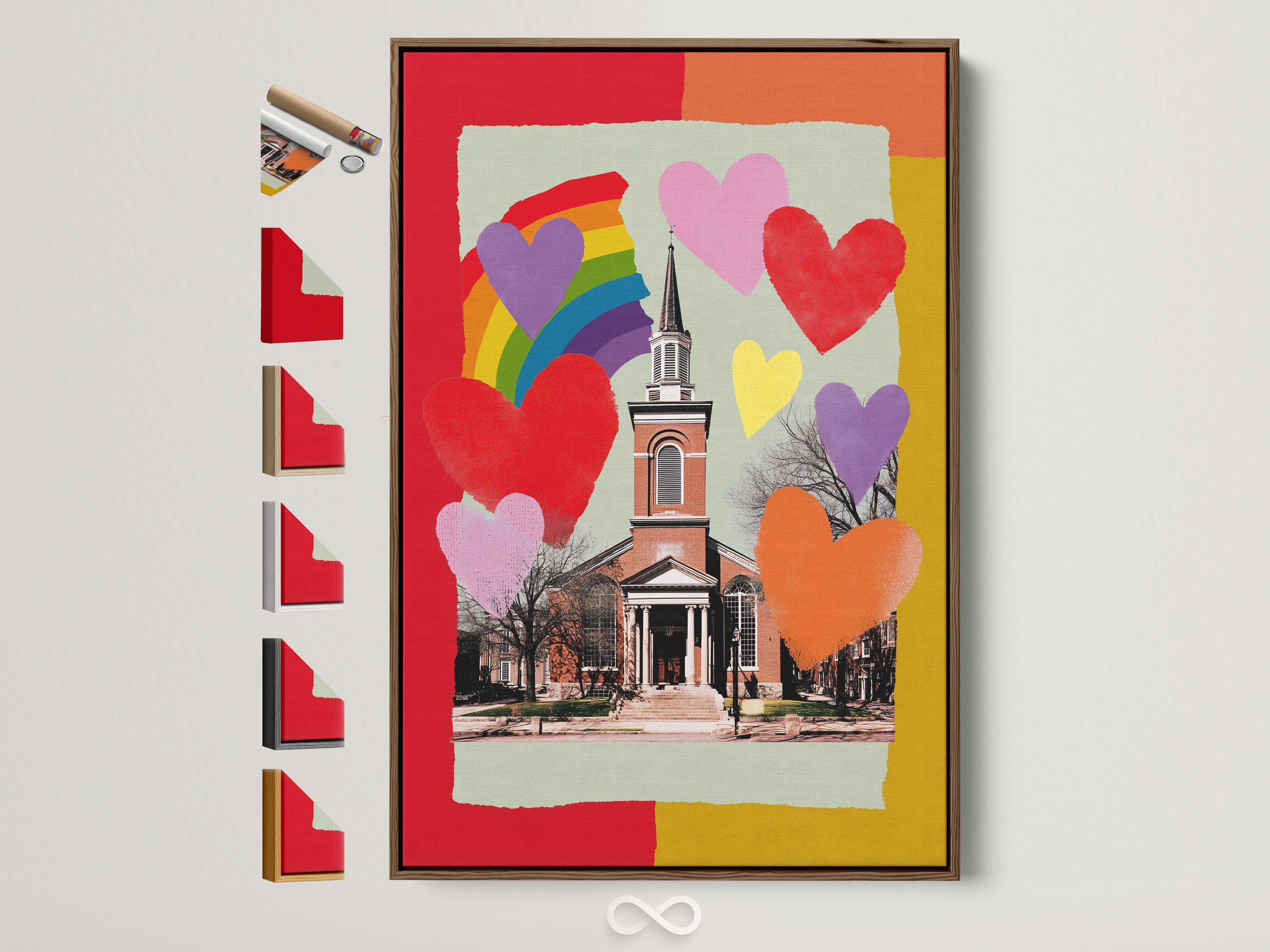 Rainbow hearts church artwork with a rainbow arch and colourful heart shapes