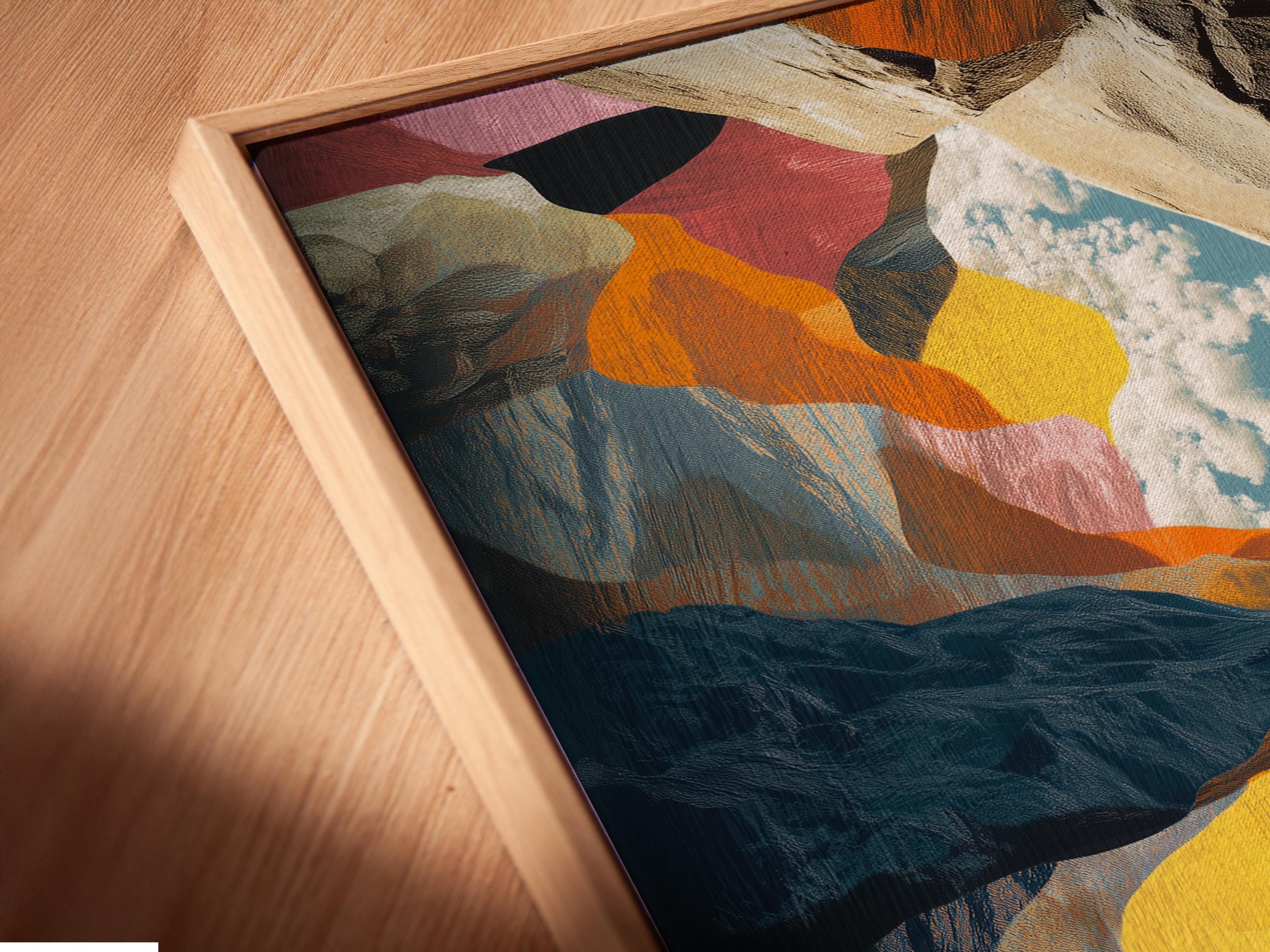 Man sitting near a bench and climbing gear beside a framed climbing artwork on a concrete wall