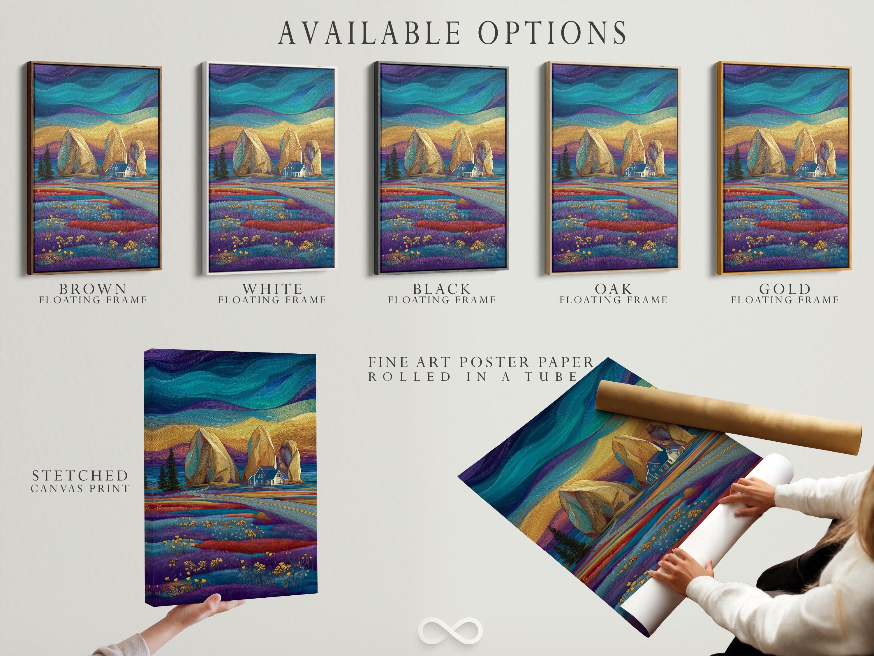Teal and gold stylised mountain landscape with purple fields, a small house and scattered golden flower heads detail view