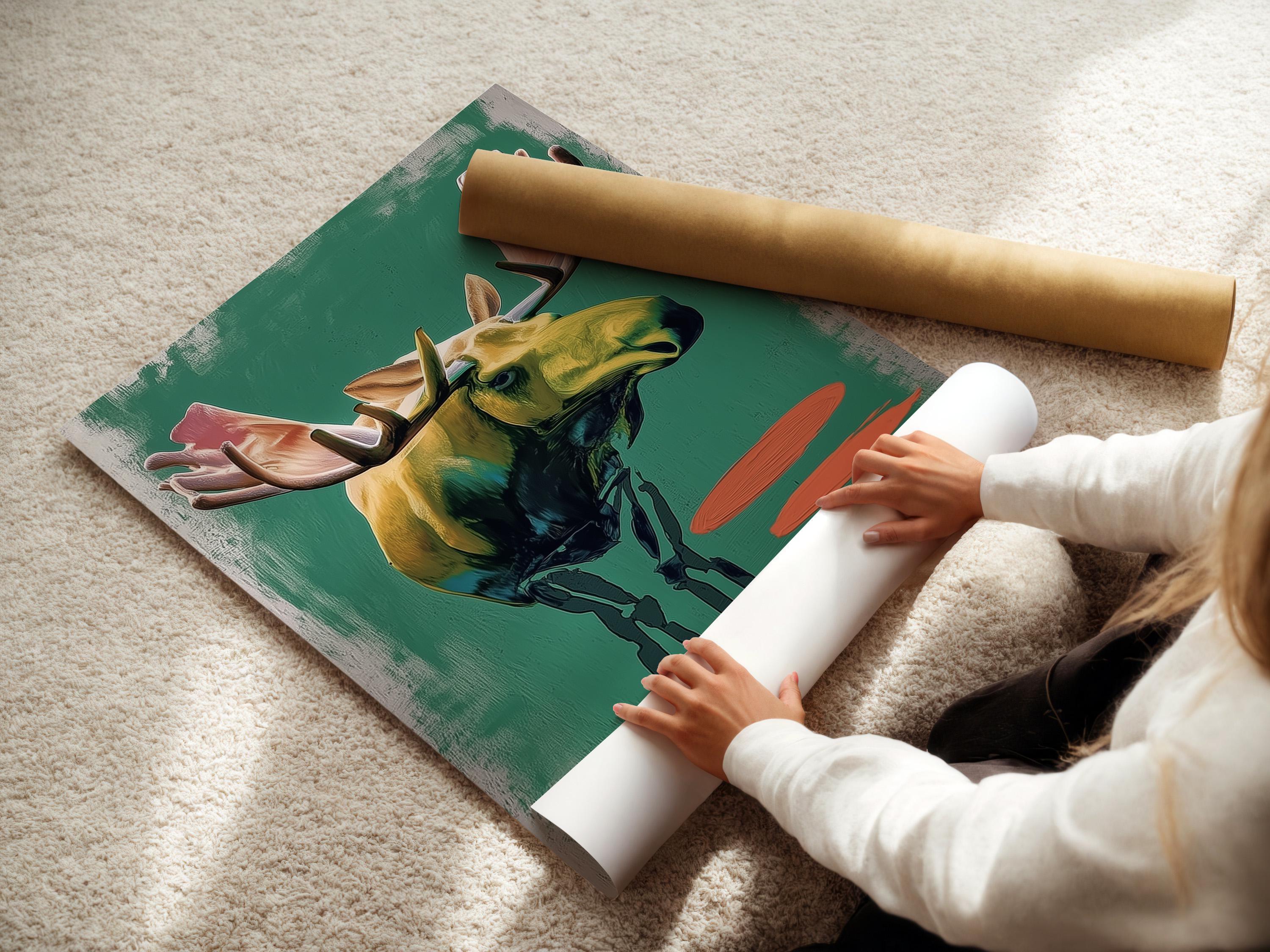 Stylised moose in side profile with large antlers on a textured teal-green background and warm orange shapes detail view