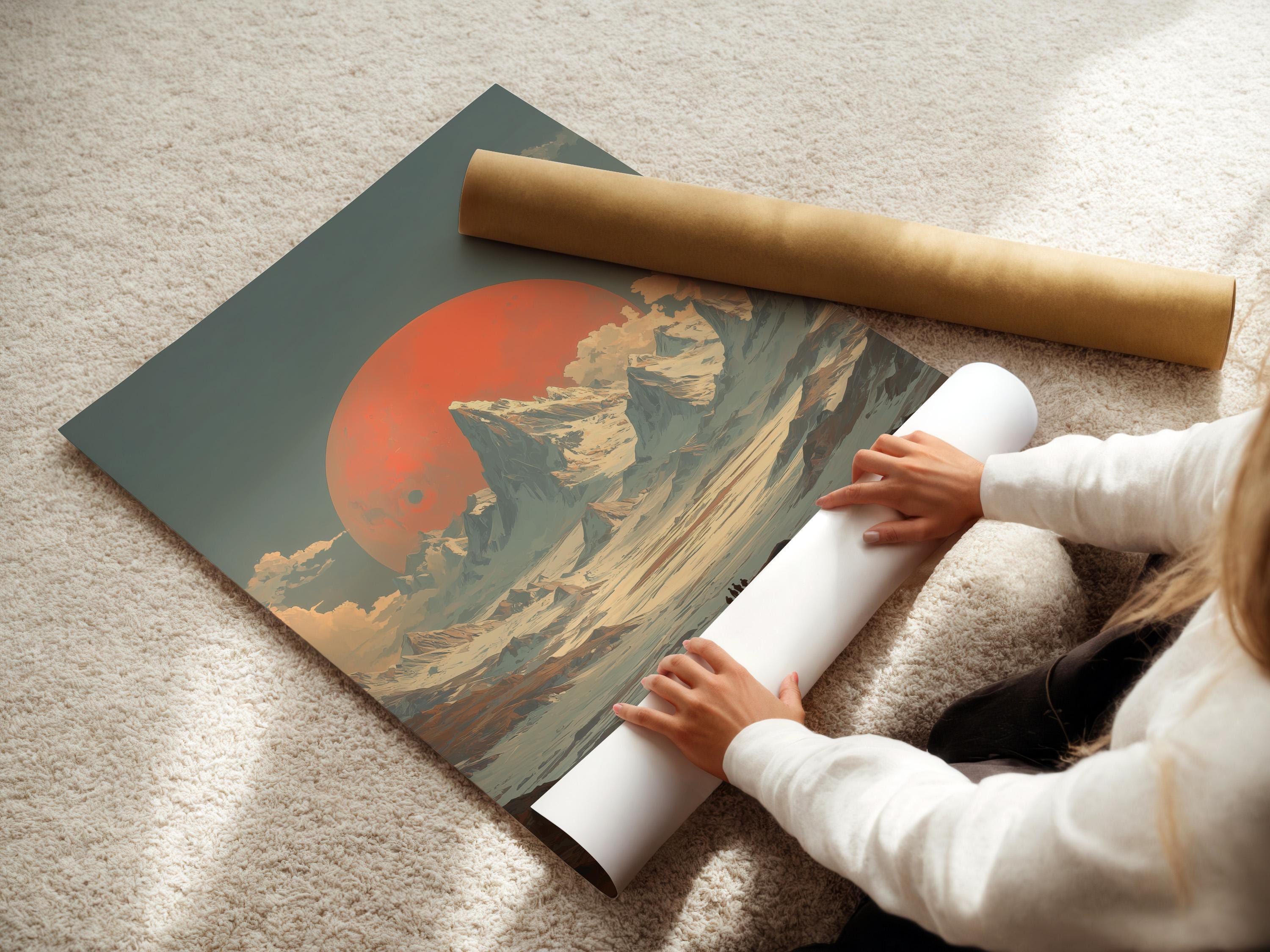 Framed stylised mountain sunset landscape artwork shown in a mock display