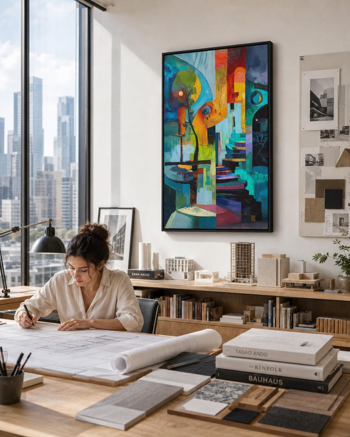 Person in yellow holding a cup standing beside a framed abstract geometric artwork
