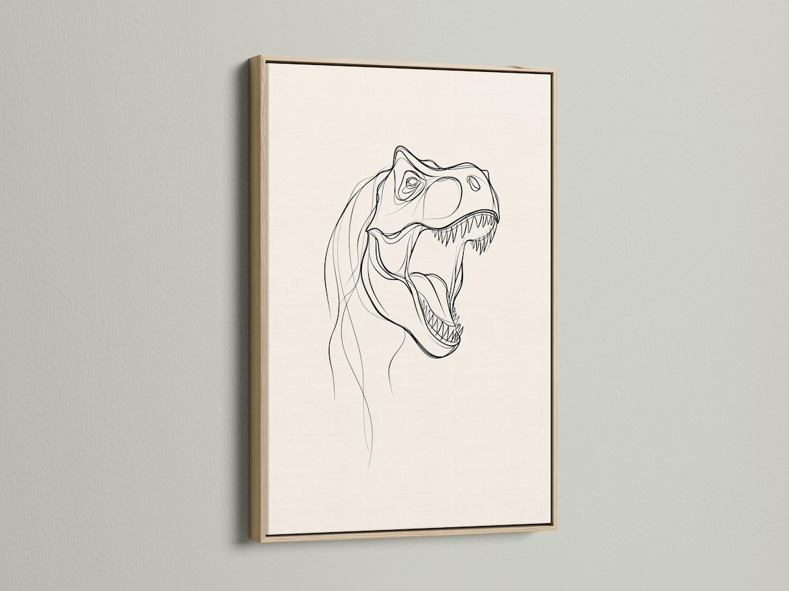 T-rex line art wall mockup with a framed black line drawing on an off-white background