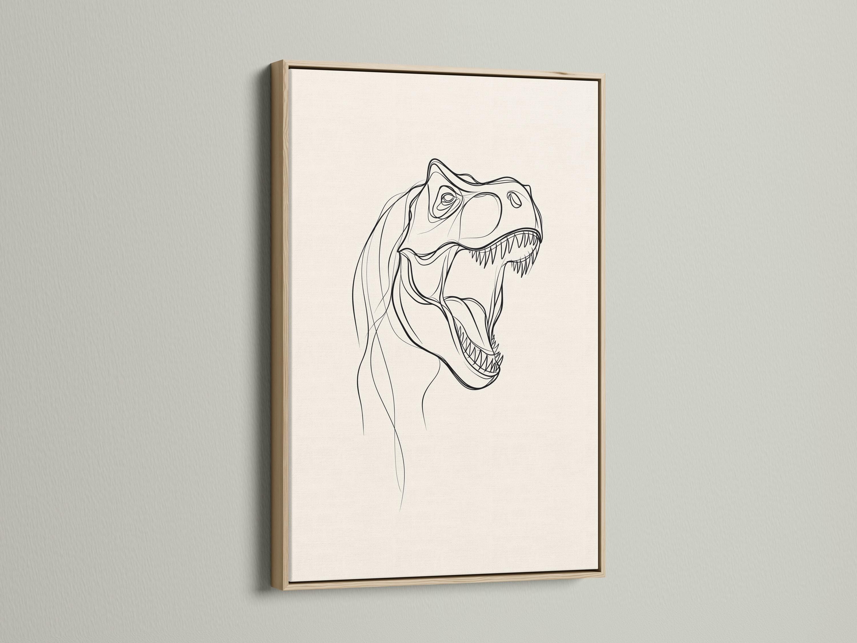 T-rex line art wall mockup with a framed black line drawing on an off-white background