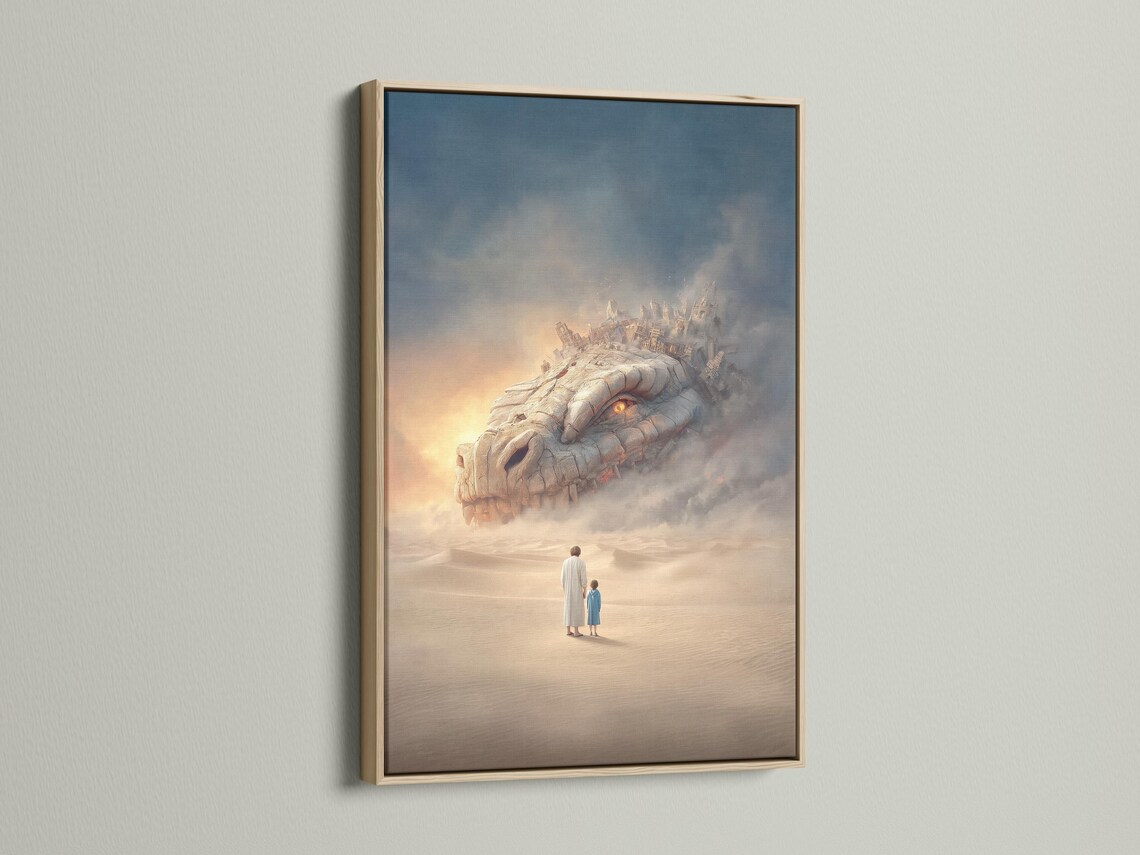 Room mockup showing framed fantasy dragon desert artwork