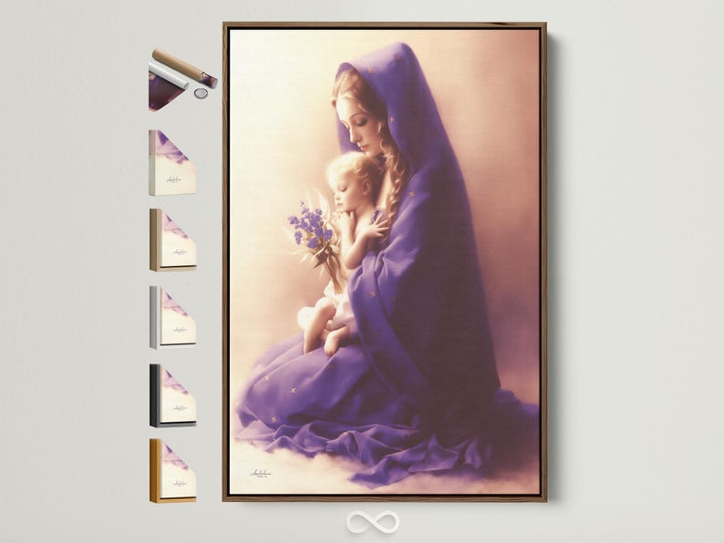 A softly lit Madonna figure in a purple veil holds a smiling baby, with a small bouquet of lilac flowers and delicate gold star-like marks