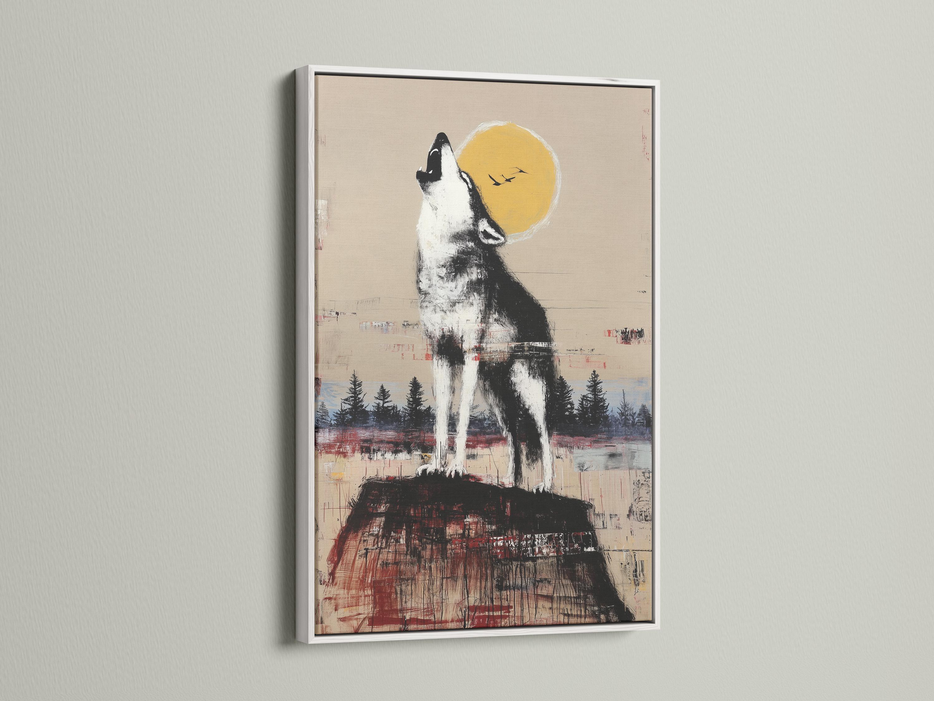 Black and white howling wolf beneath a warm yellow moon with a forest landscape detail view