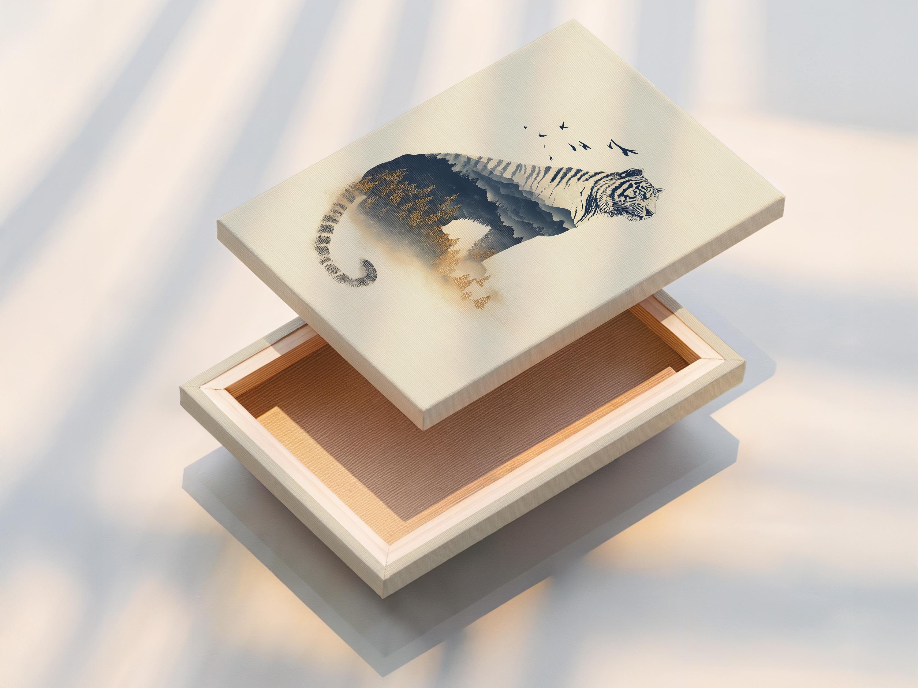 Tiger wall art mockup with double exposure forest layers and birds in flight