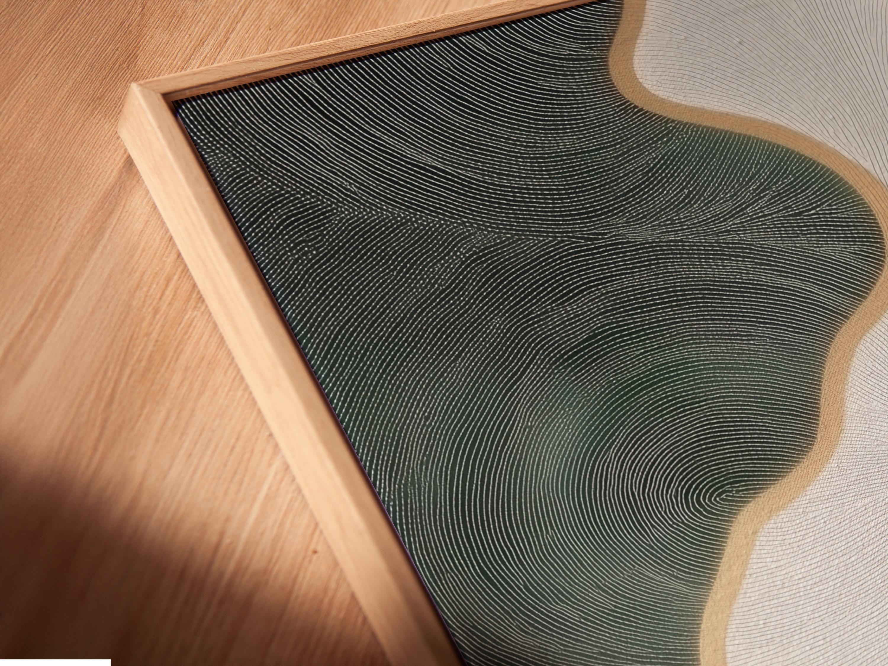 Minimalist abstract river flow artwork with ivory channel and sage-green ripple texture detail view
