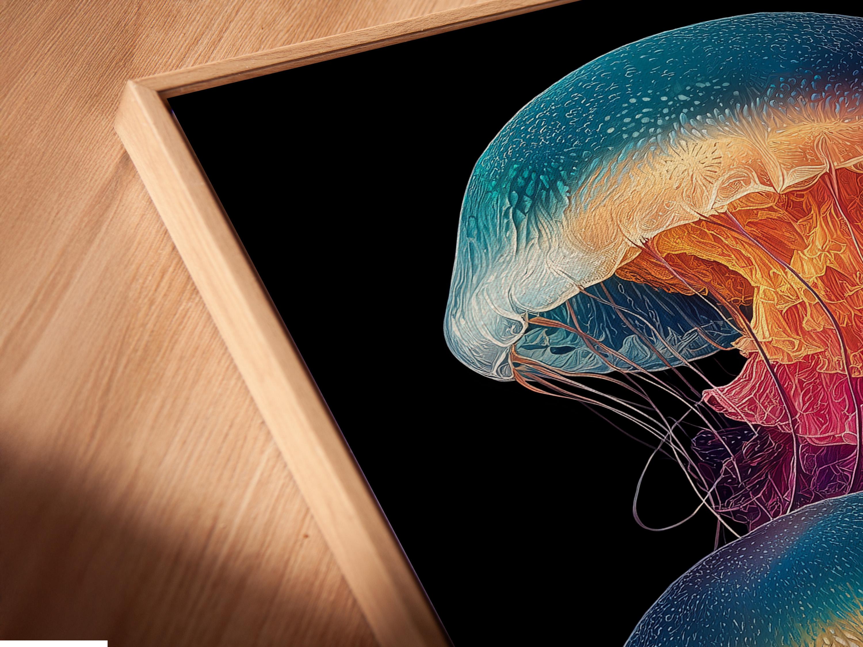 Illustration of a jellyfish with glowing teal, purple and orange colours on a dark background detail view