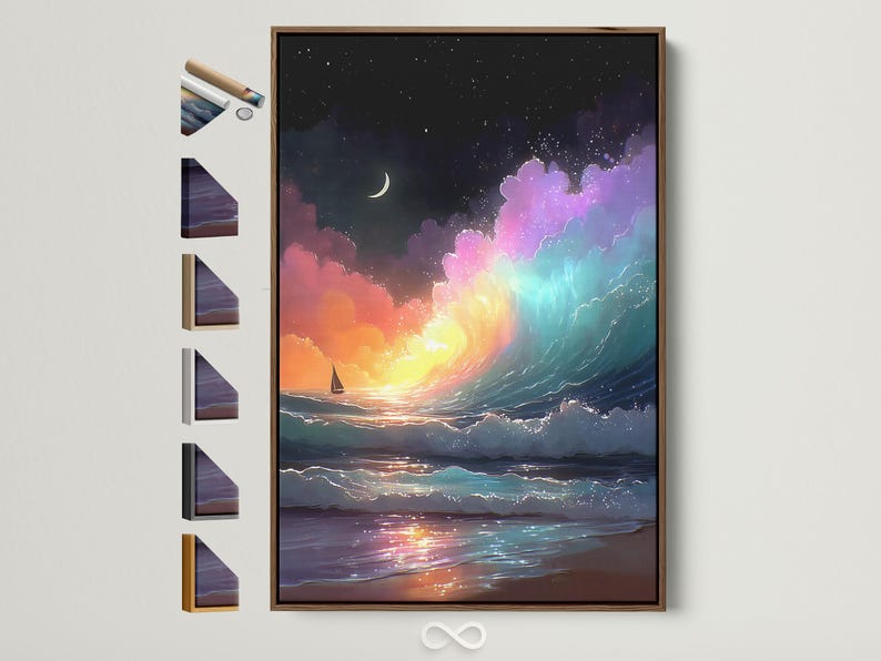 Starry night ocean with crescent moon, glowing teal and purple waves and a sailboat
