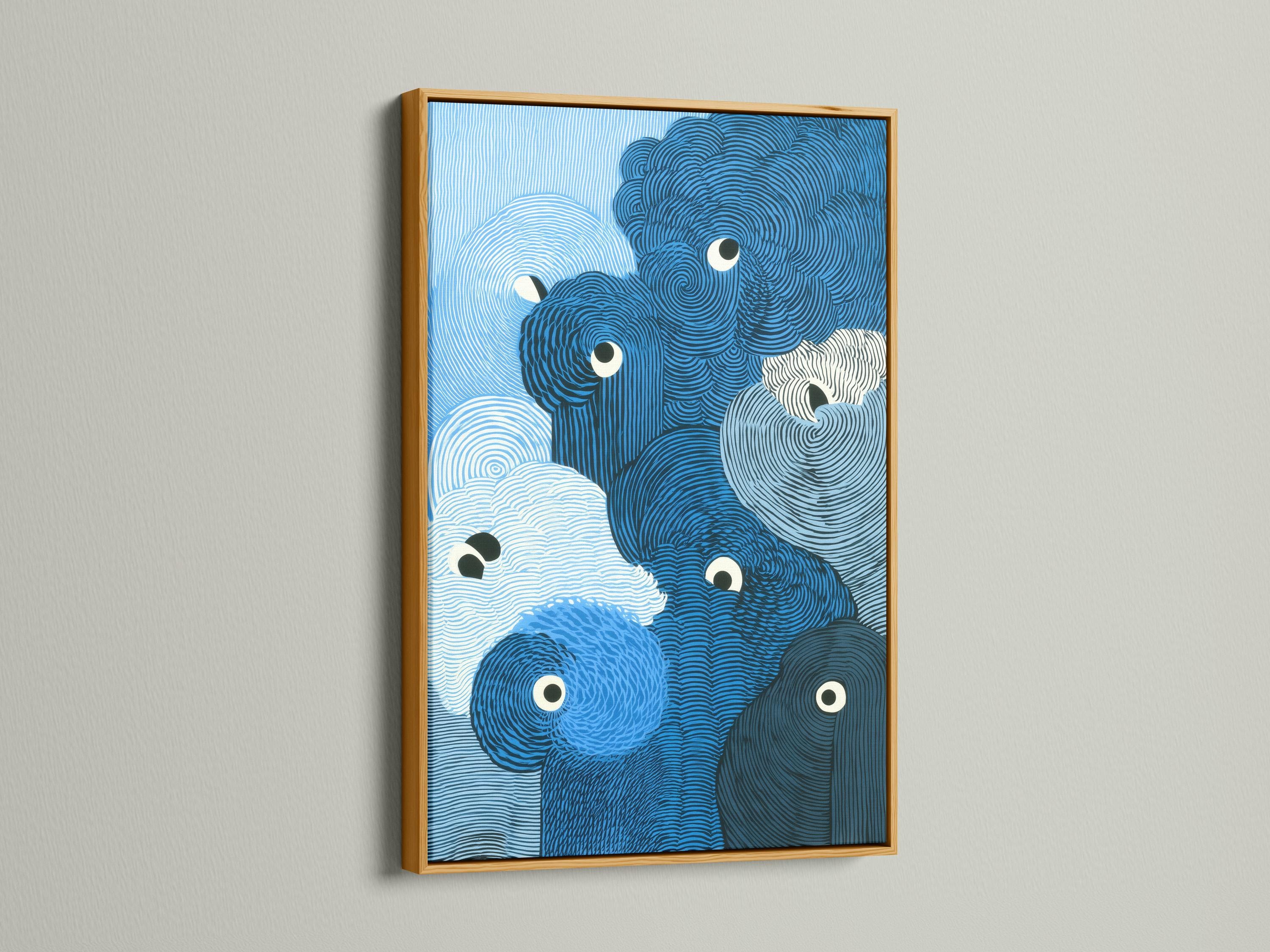 A blue animal portrait style artwork features overlapping rounded forms with spiralling contour lines and large cartoon eyes detail view